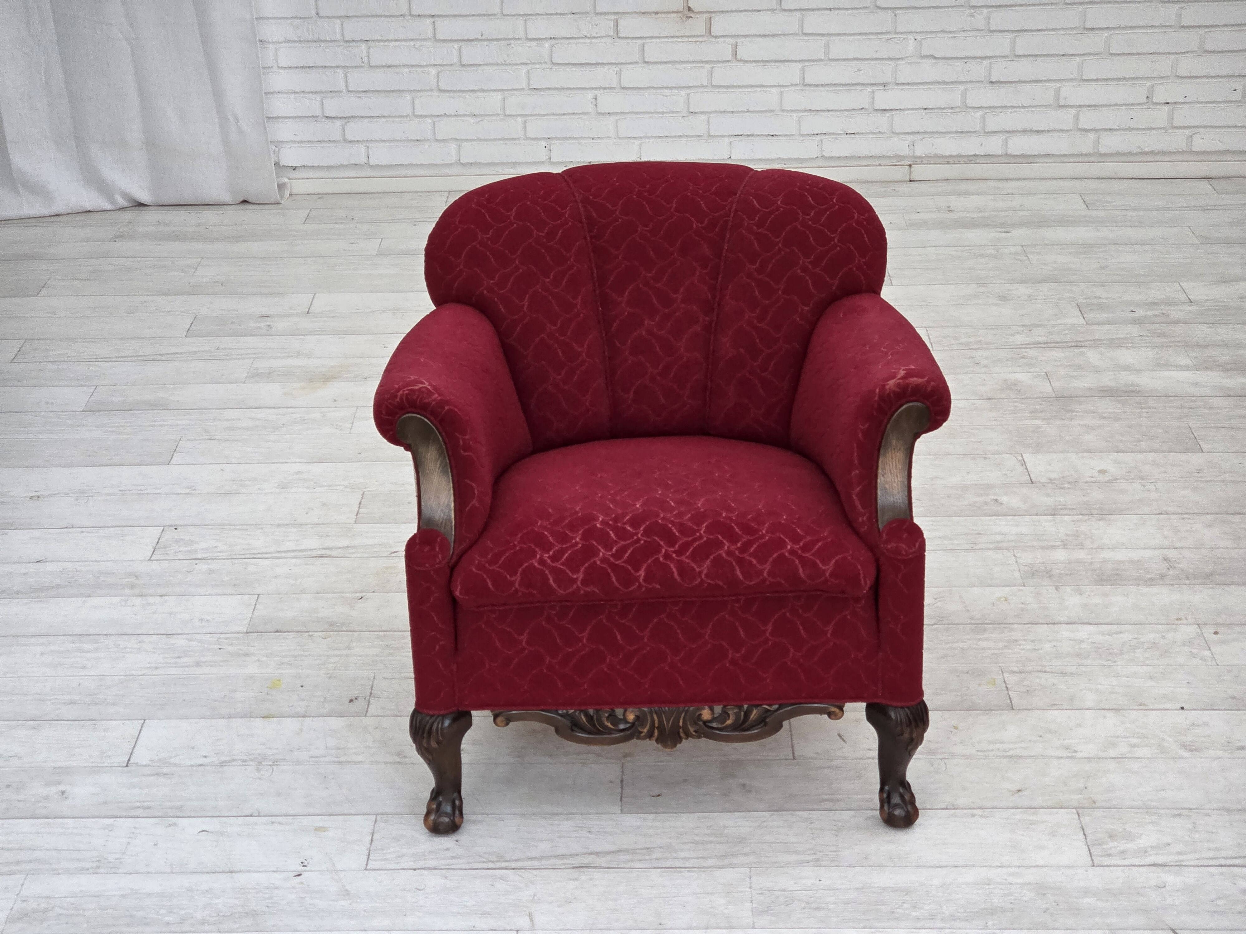 1950s, Danish armchair, red and light grey furniture wool, carved oak wood.