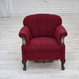 1950s, Danish armchair, red and light grey furniture wool, carved oak wood.