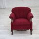 1950s, Danish armchair, red and light grey furniture wool, carved oak wood.
