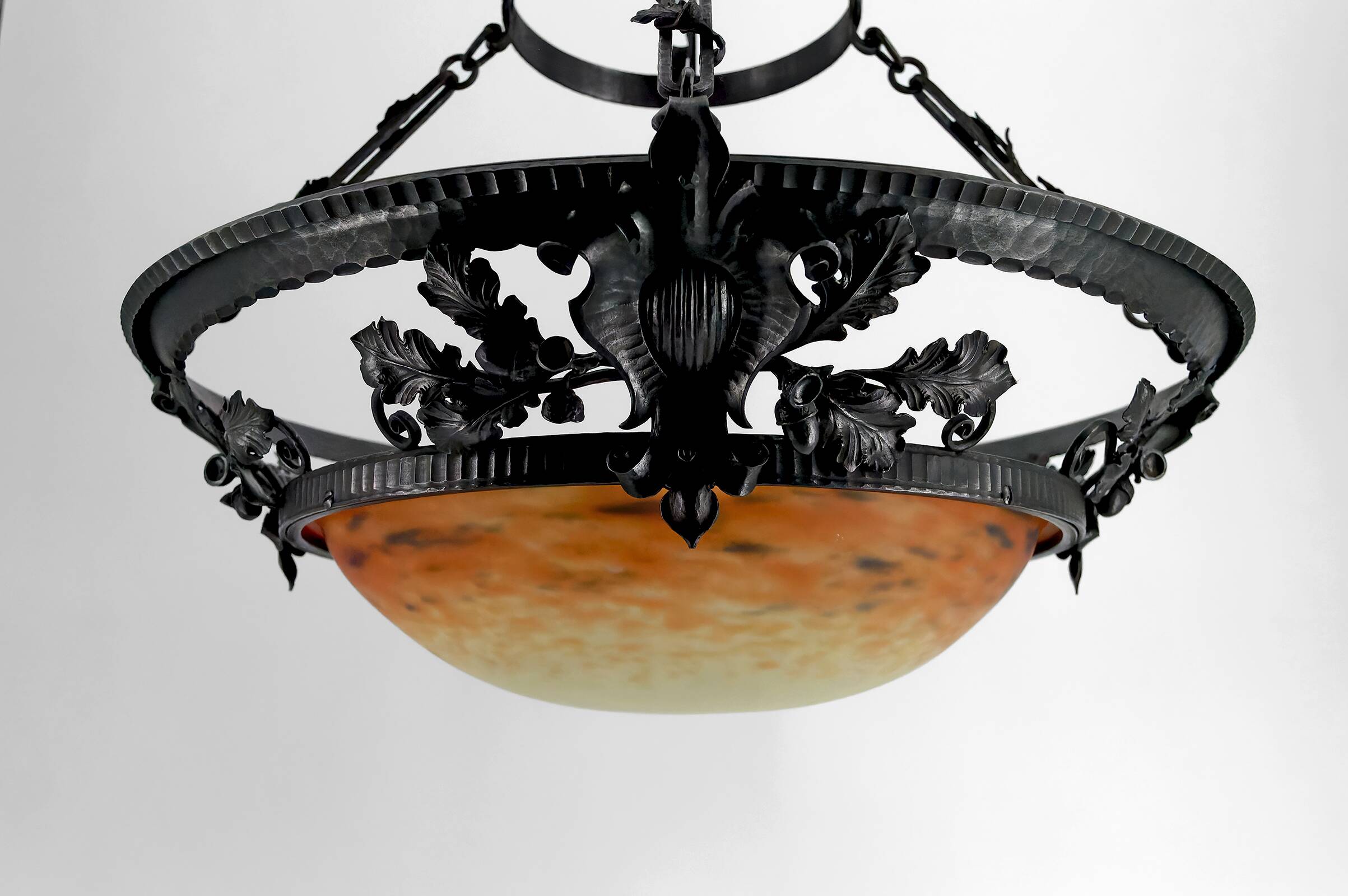 Wrought Iron and Glass Paste Pendant Light, Art Nouveau / Art Deco, Early 20th Century