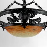 Wrought Iron and Glass Paste Pendant Light, Art Nouveau / Art Deco, Early 20th Century