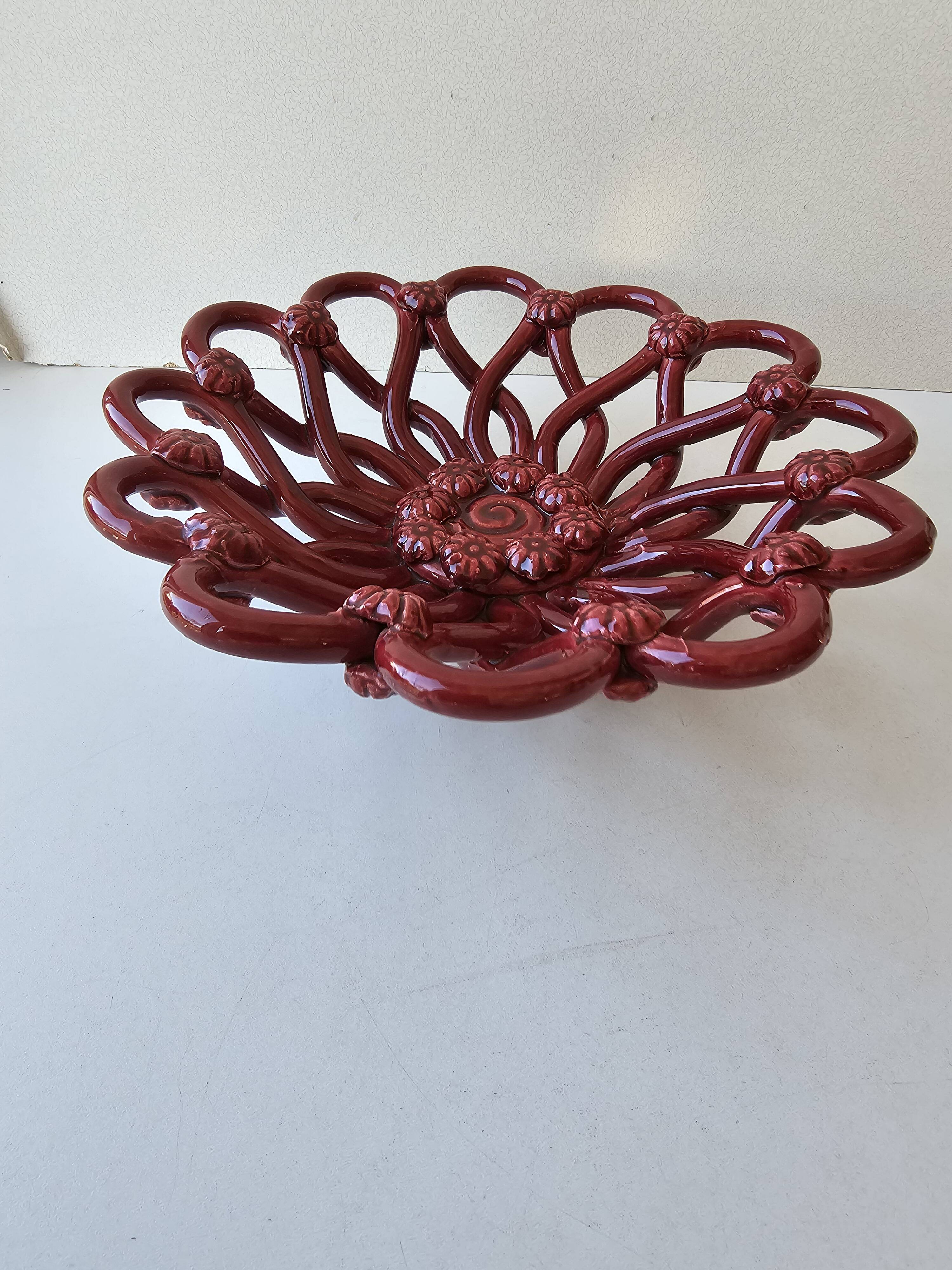 Vintage woven ceramic fruit bowl Barbotine Vallauris Mass style