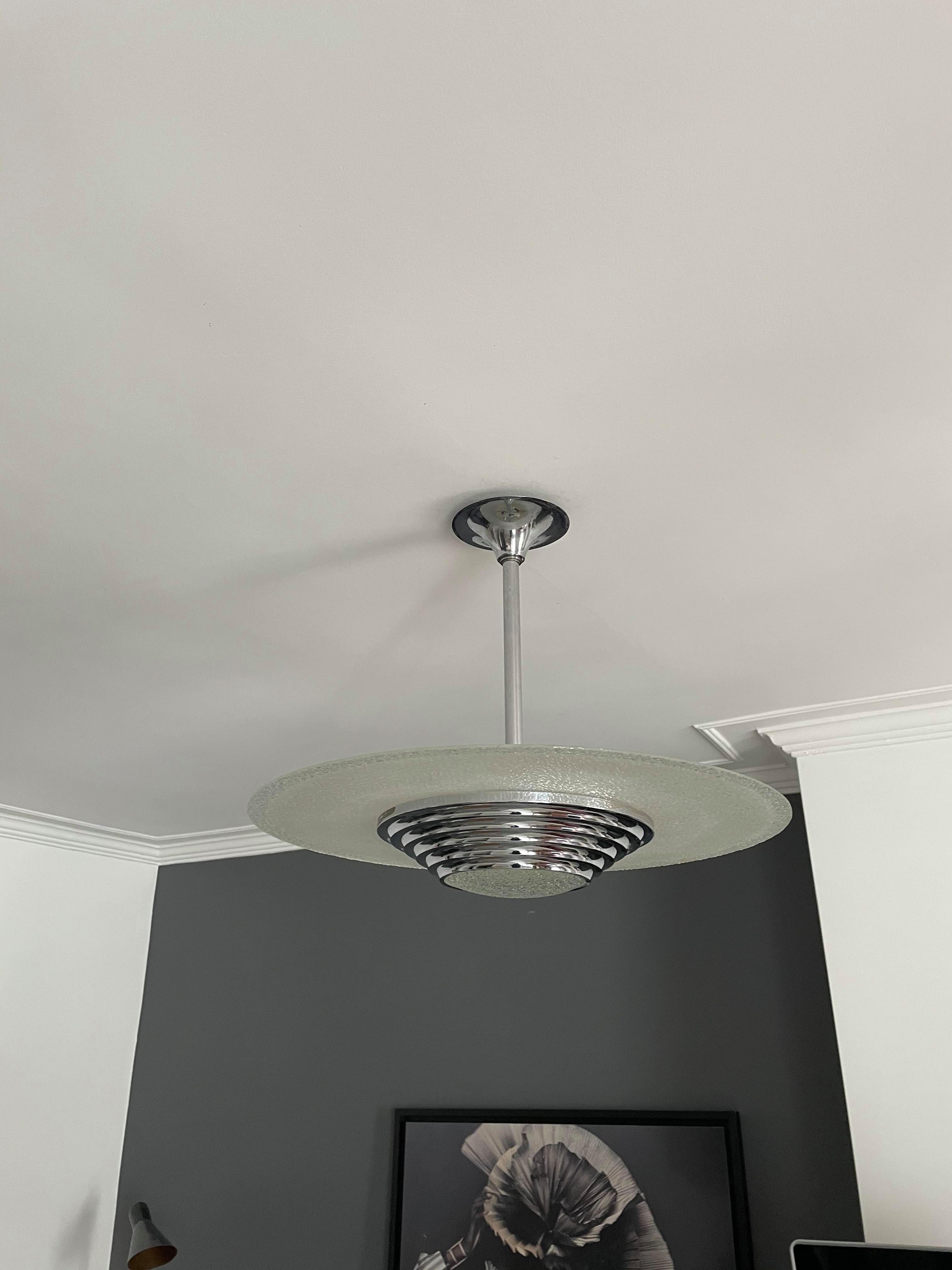 Modernist art deco pendant lamp, chrome brass and glass, France 1930 vintage