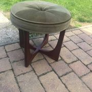 Circular teak ottoman with green fabric seat - Mid-Century 1960s style