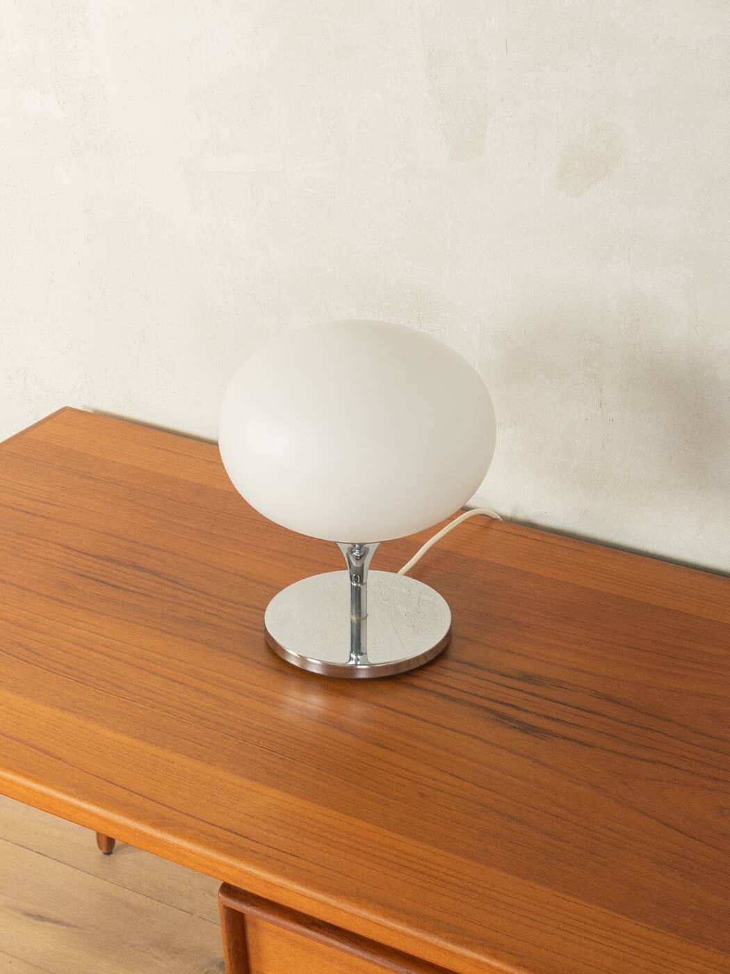 Kaiser Leuchten table lamp, 1970s, space age design, chrome and opal glass