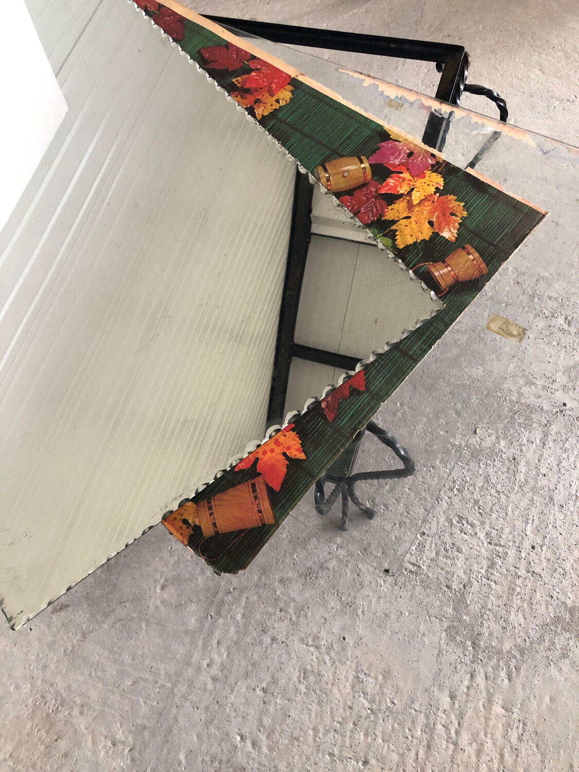 Vintage wrought iron coffee table with mirror and glass top