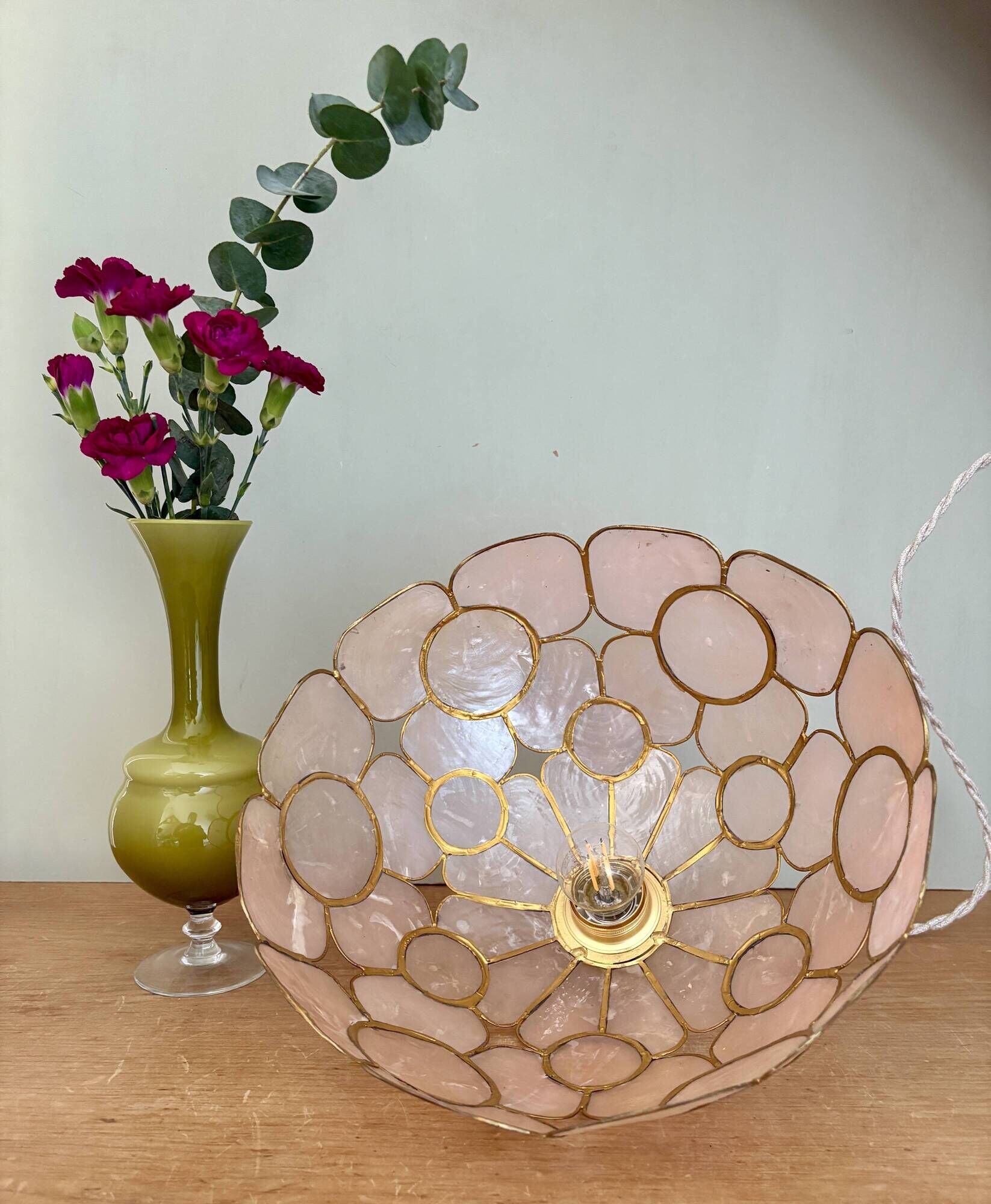 Vintage mother-of-pearl and brass lampshade pendant light