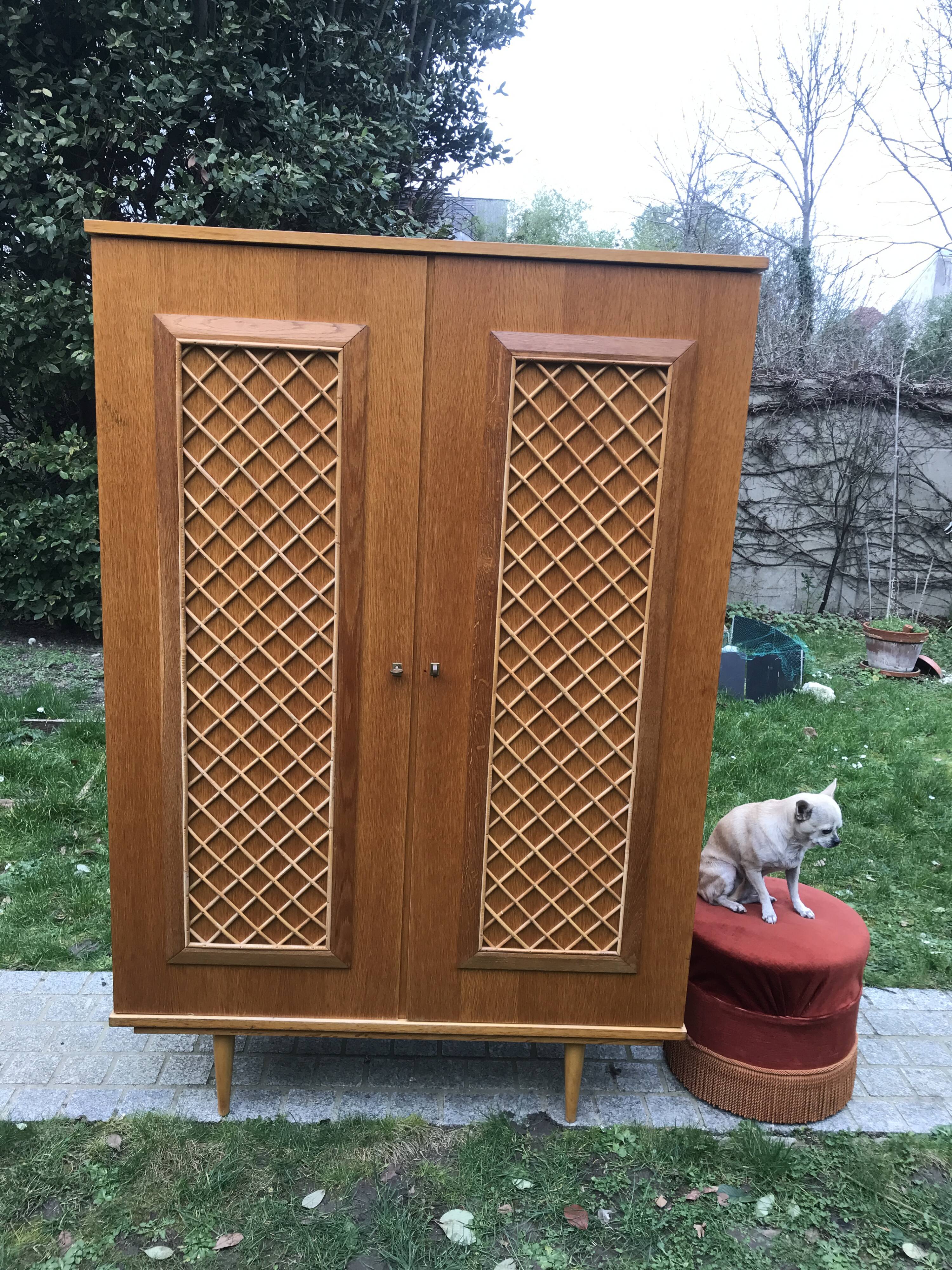 Wooden cabinet and vintage rattan 1950