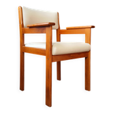 Armchair by André Sornay, stained solid beech & beige faux leather. 1980