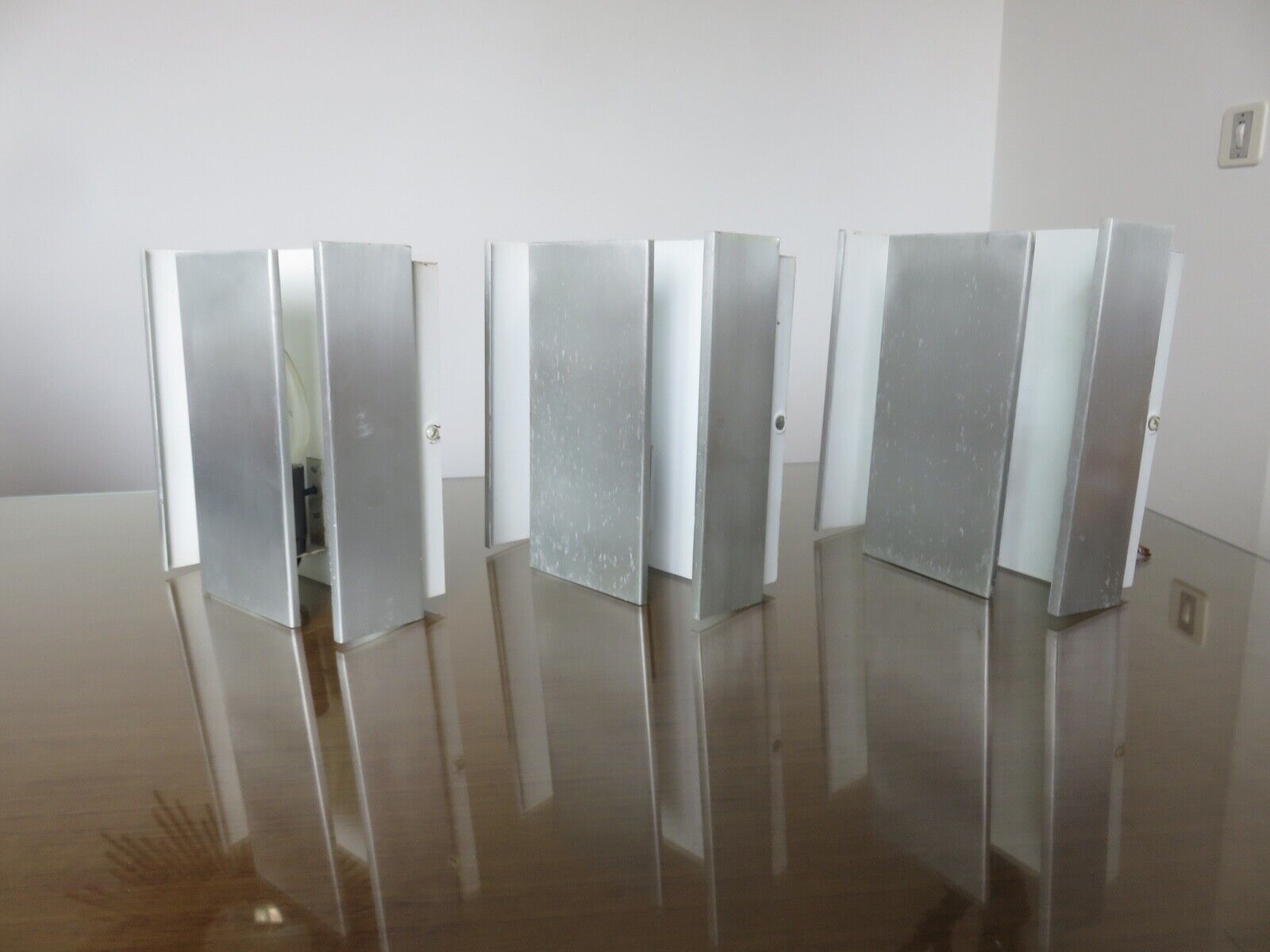 Series of 3 aluminum wall lamps, modernist, minimalist 70s