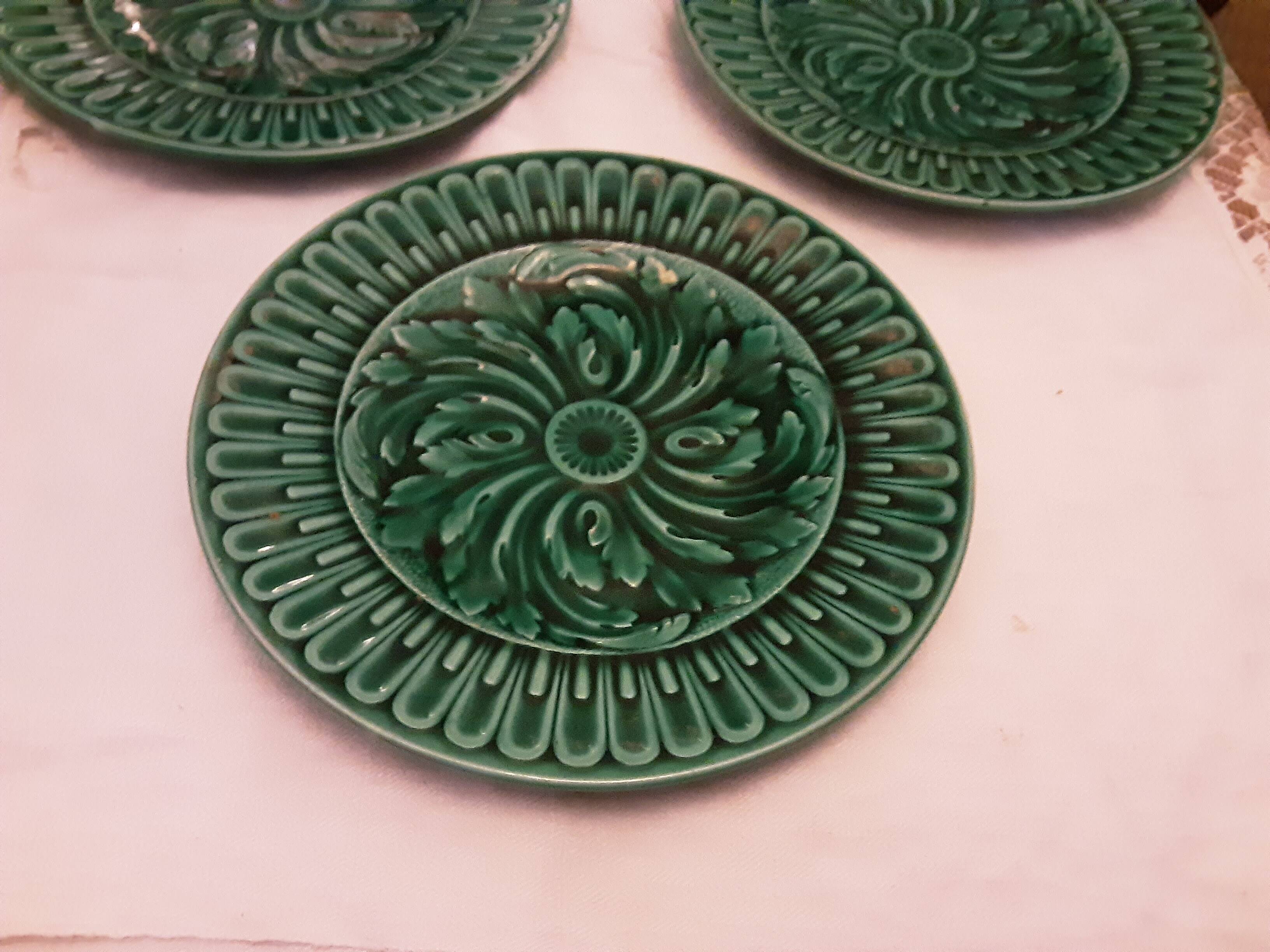 5 Antique Green Barbotine Earthenware Plates