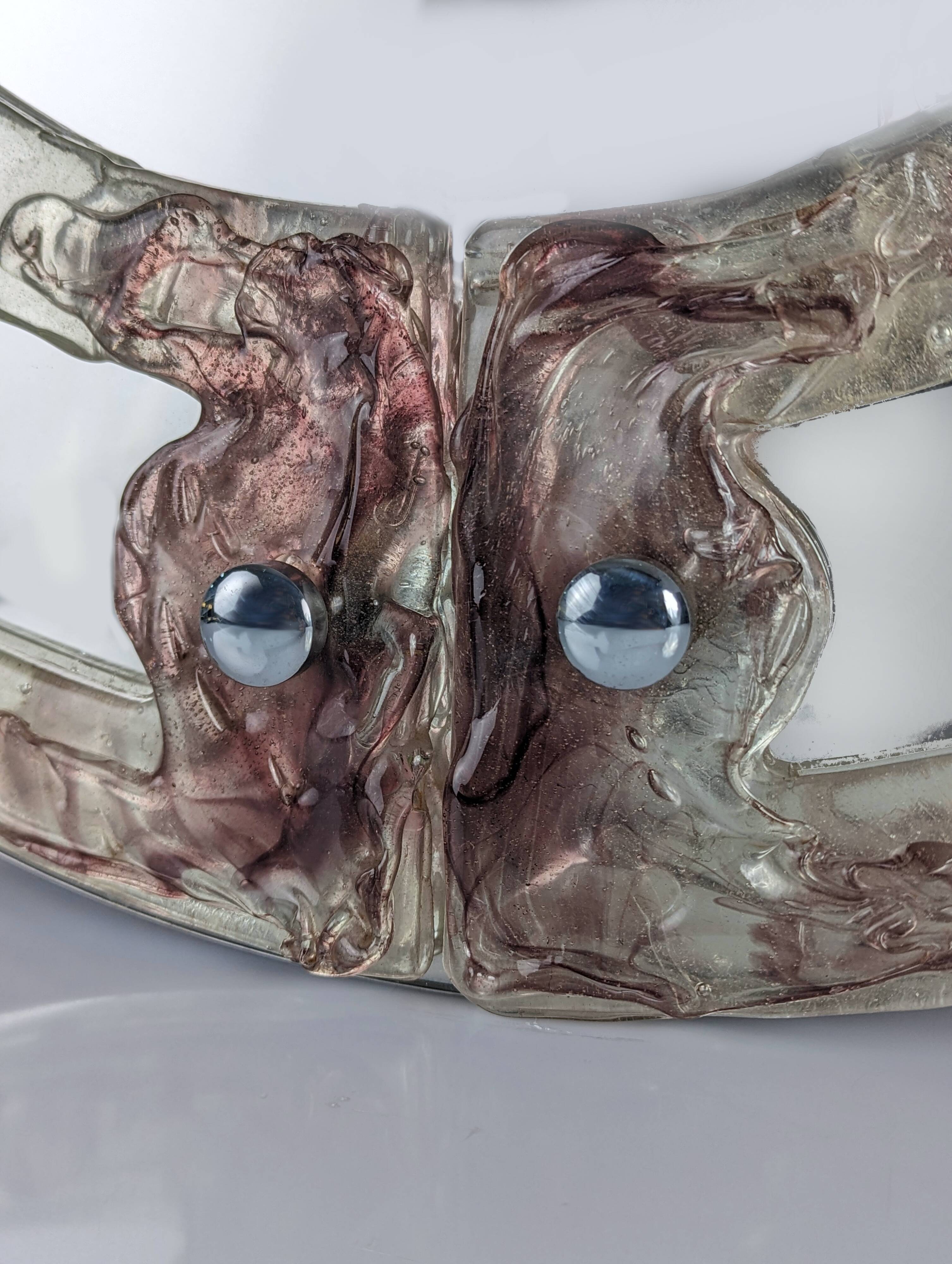 Venetian round mirror in pink and purple murano glass 1960s