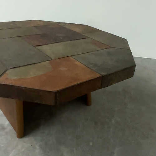 Large vintage slate mosaic coffee table, oak pedestal base, brutalist octagonal