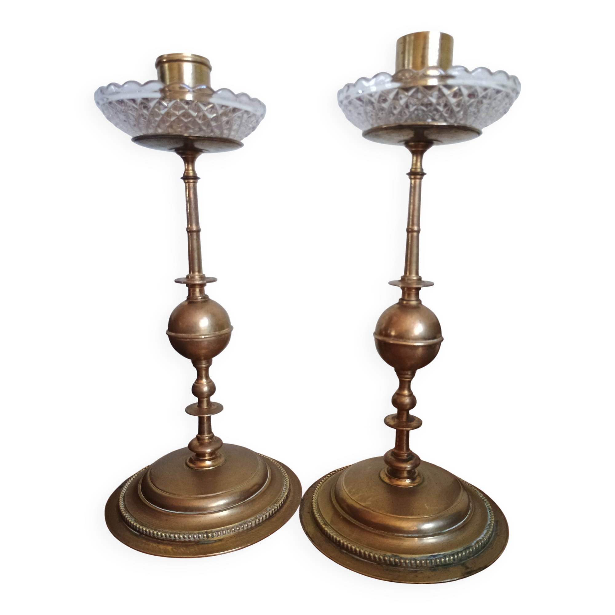 Pair of brass and glass candlesticks - centerpiece -