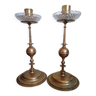 Pair of brass and glass candlesticks - centerpiece -