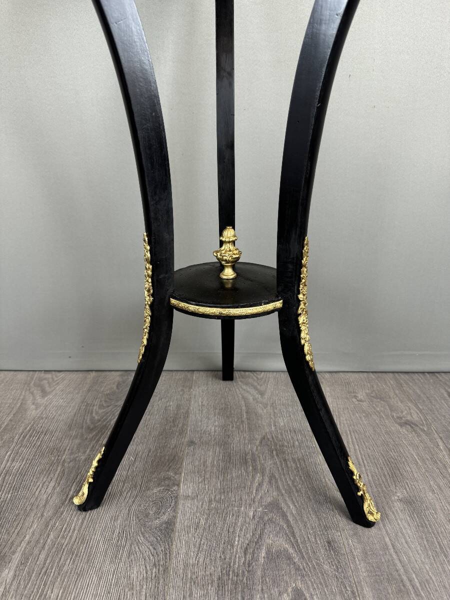 Jardinière Napoléon III en bois noirci, bronze doré et porcelaine peinte à