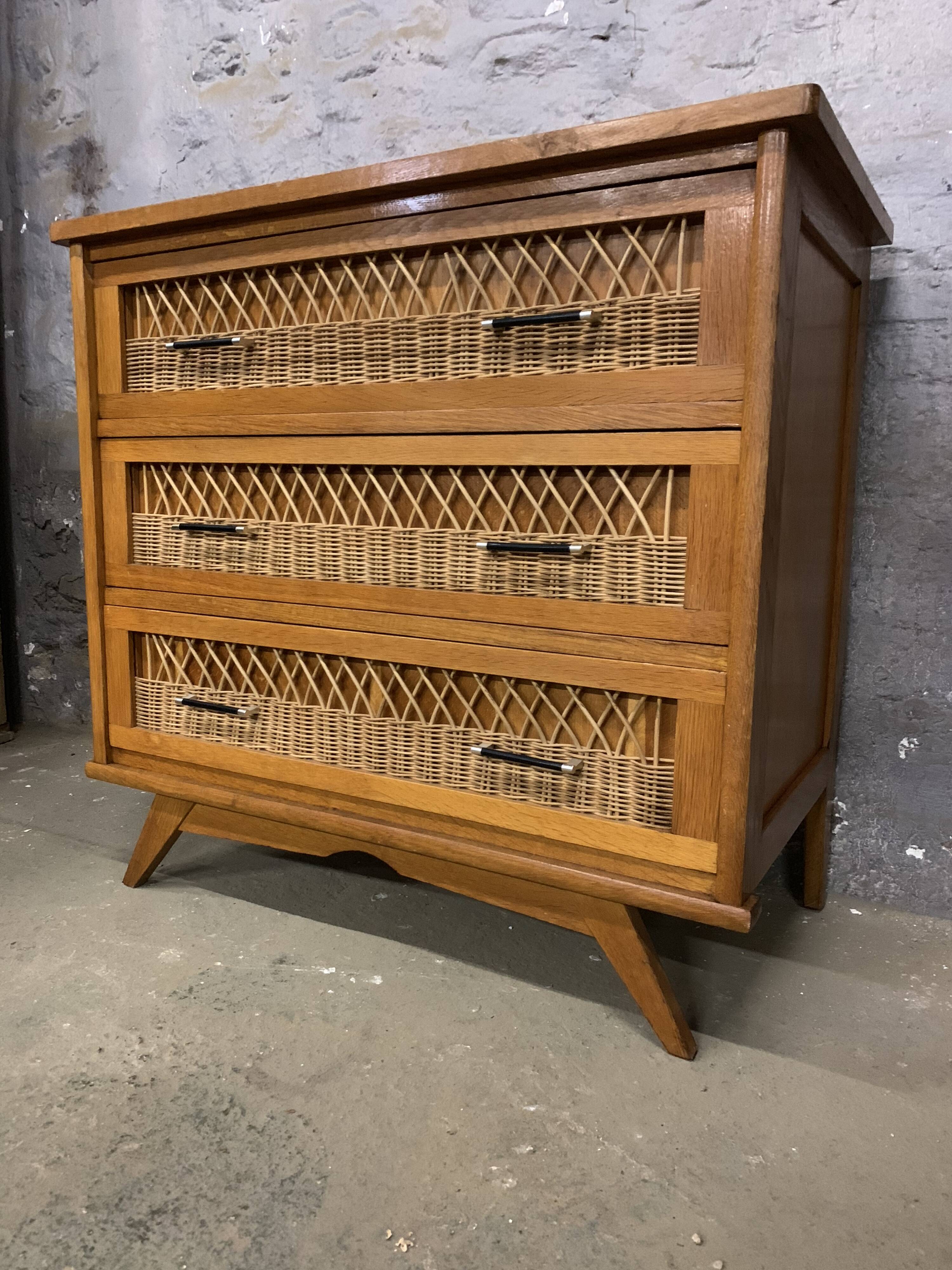 Chest of drawers vintage rattan and oak compass feet