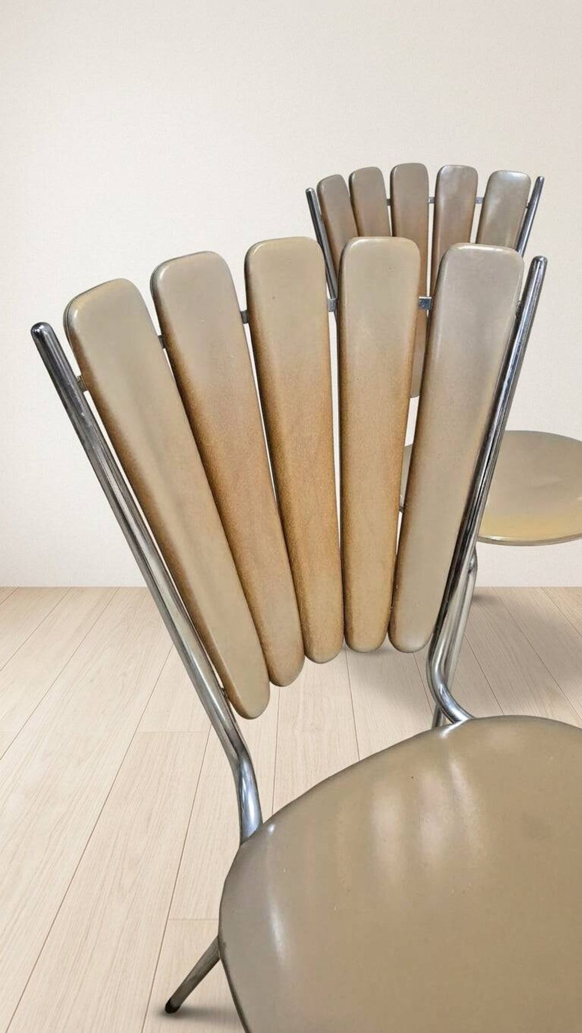 Set of 6 vintage fan-back dining chairs with beige leatherette upholstery