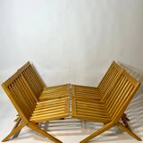 Vintage design solid wood scissor chairs and table from the 1970s