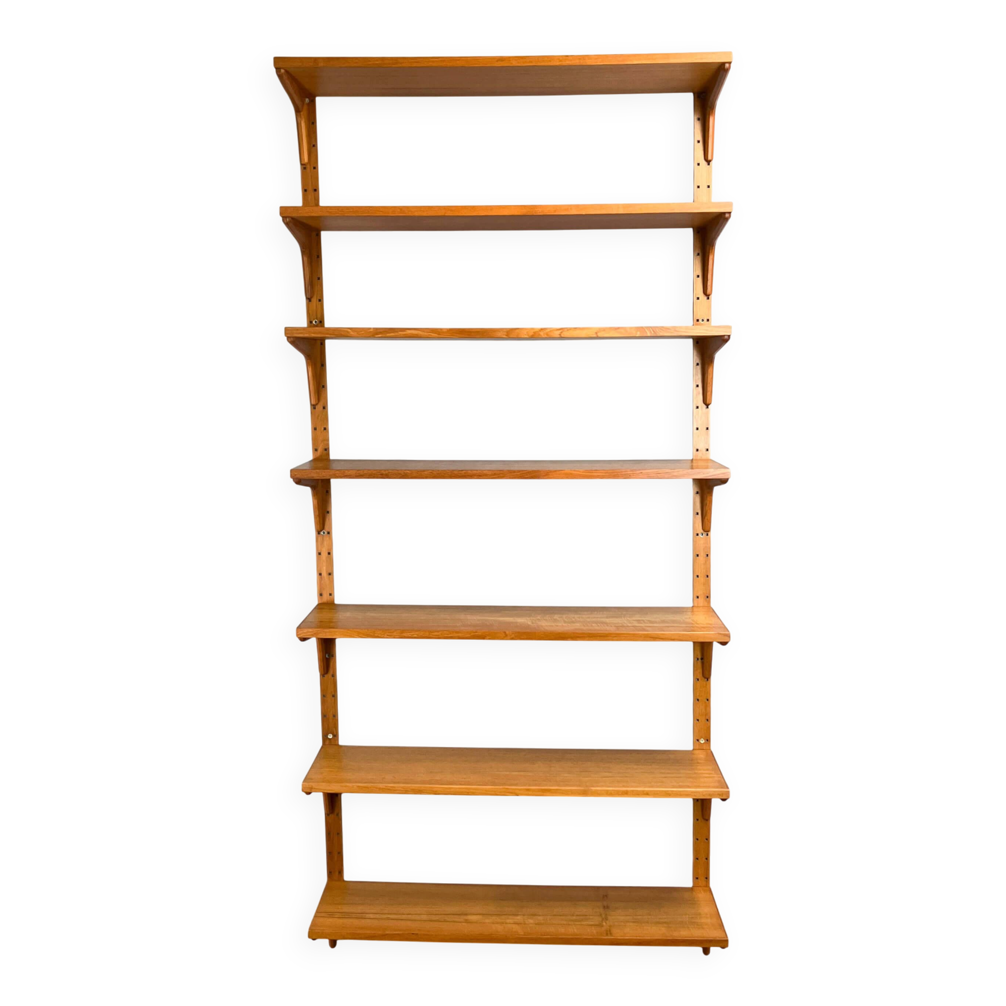 Danish wall shelf by Hansen and Guldborg, teak, aluminum rails, 1960s.