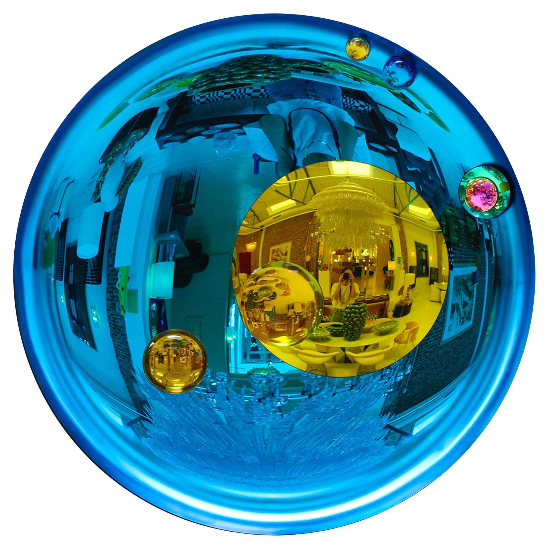 Modern Sculptural Concave French Mirror - Handmade Wall Art in Blue Glass