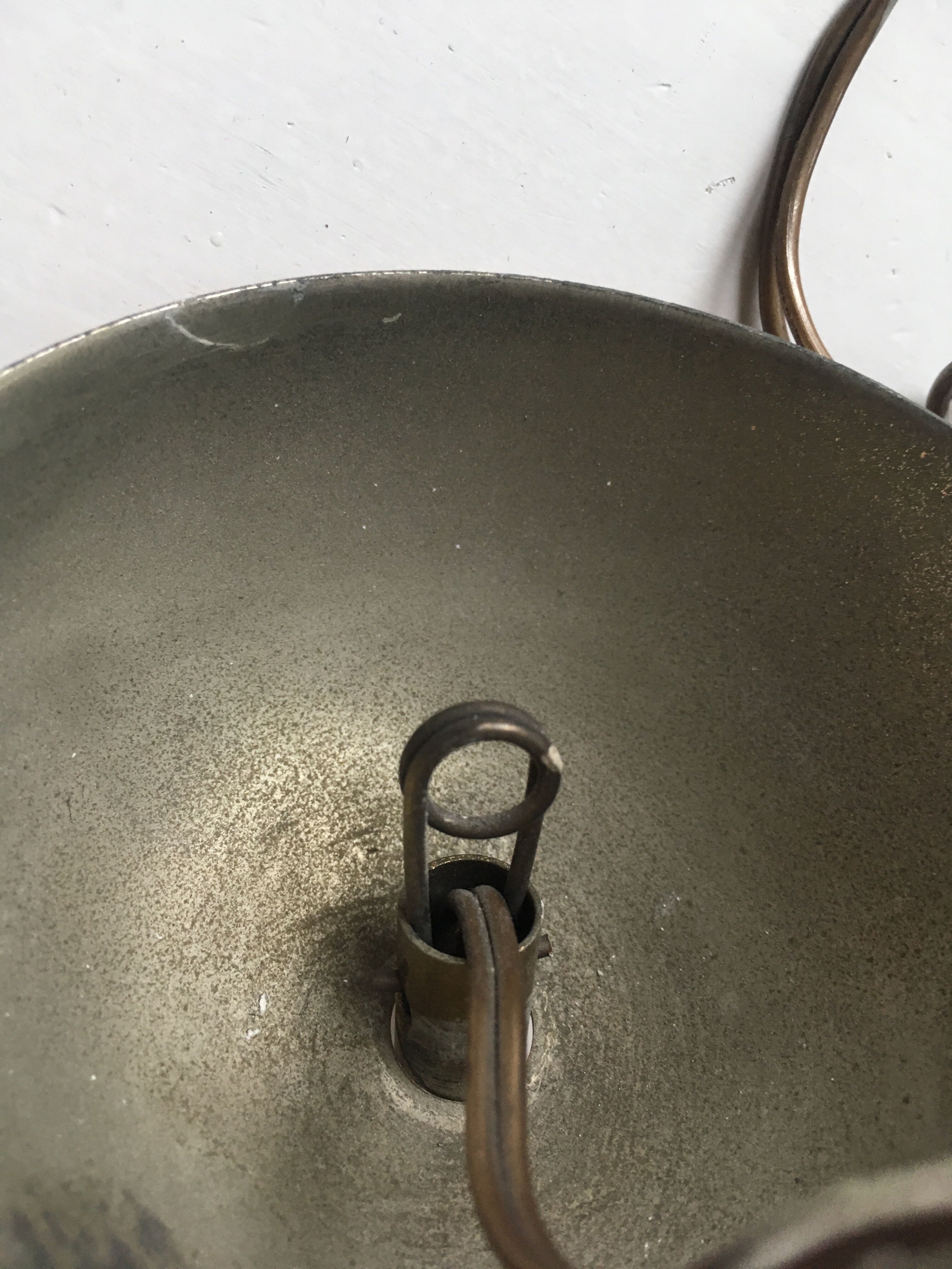 Pair of white tulip and brass pendant lamps