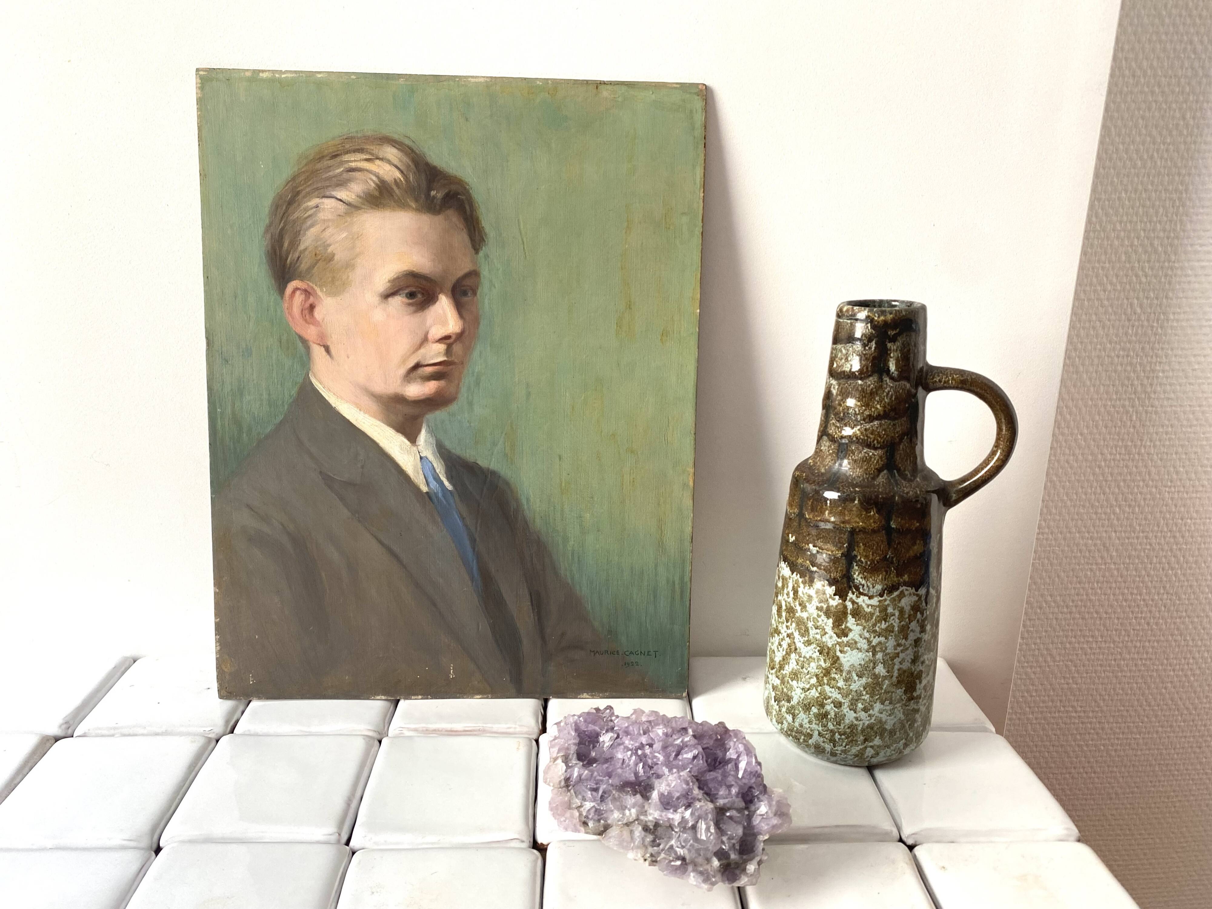 Old portrait in oil on panel 1920, vintage painting of a man signed Cagnet