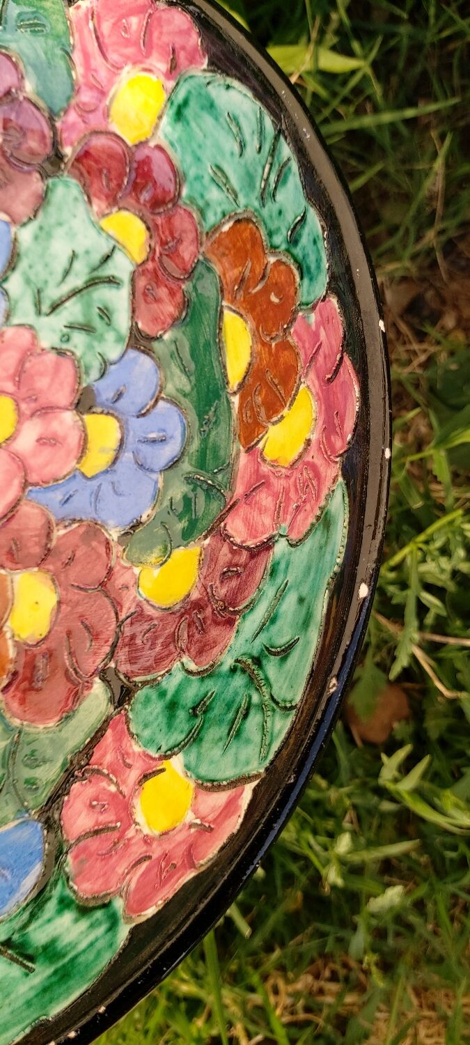 Vallauris flat Stamped numbered enamelled ?decoration of flowers