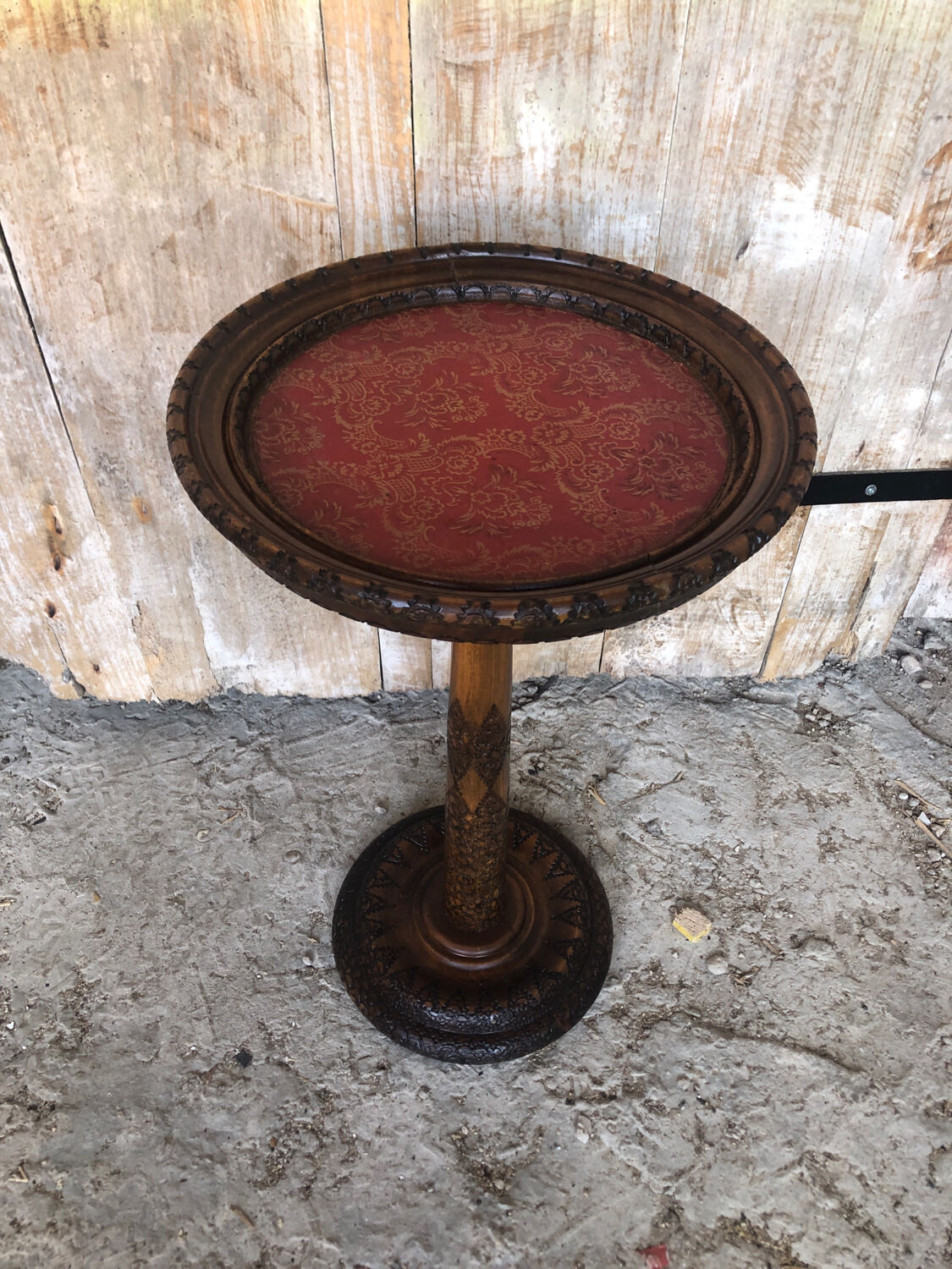 Sellette table appoint bois sculpté & plateau rouge vintage #a020.