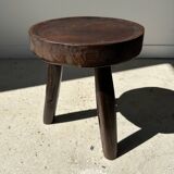Low hollow upcycled teak tripod stool - Small brown solid wood stool circular seat cr