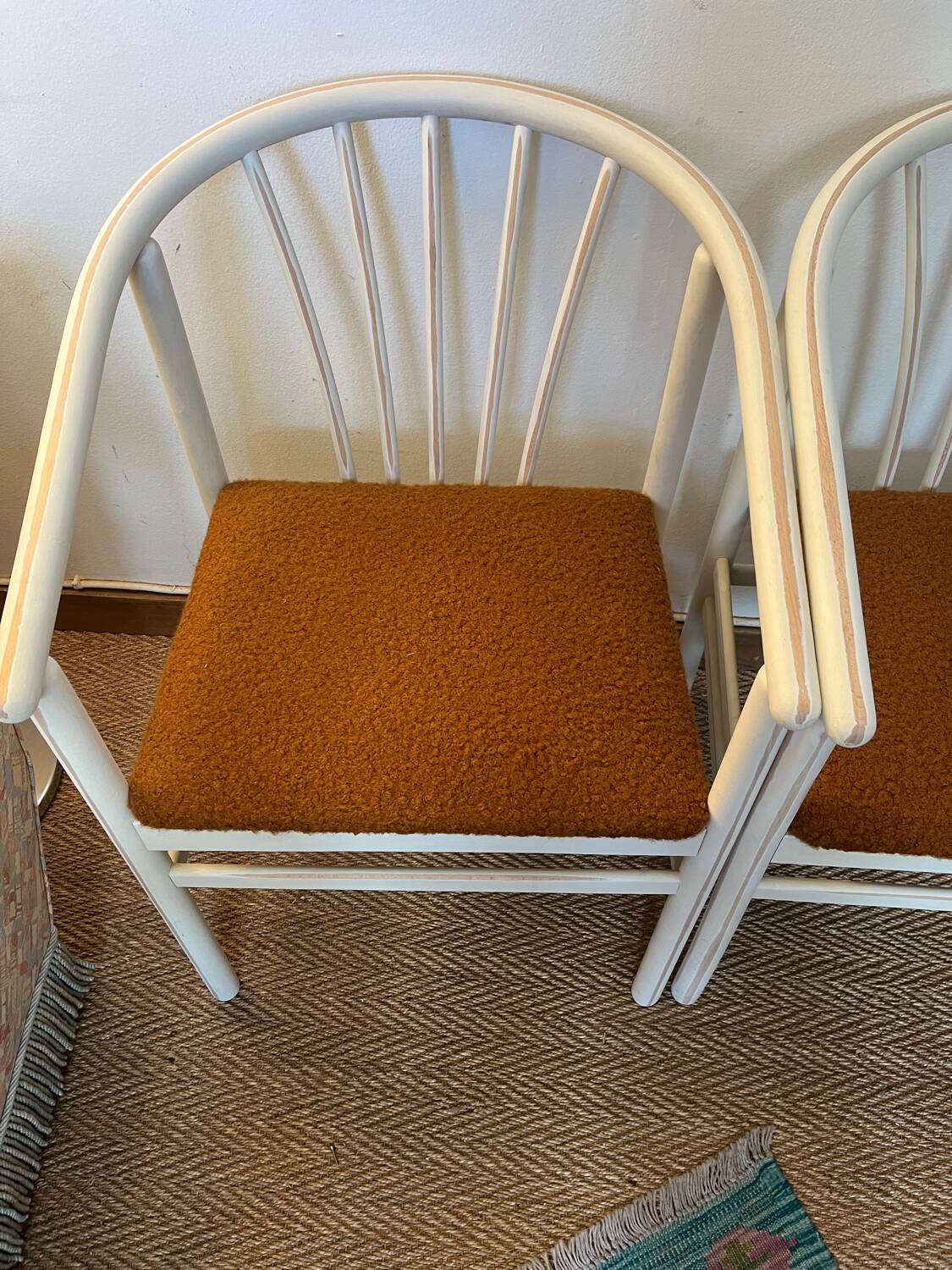 Pair of vintage wood and loop wool armchairs