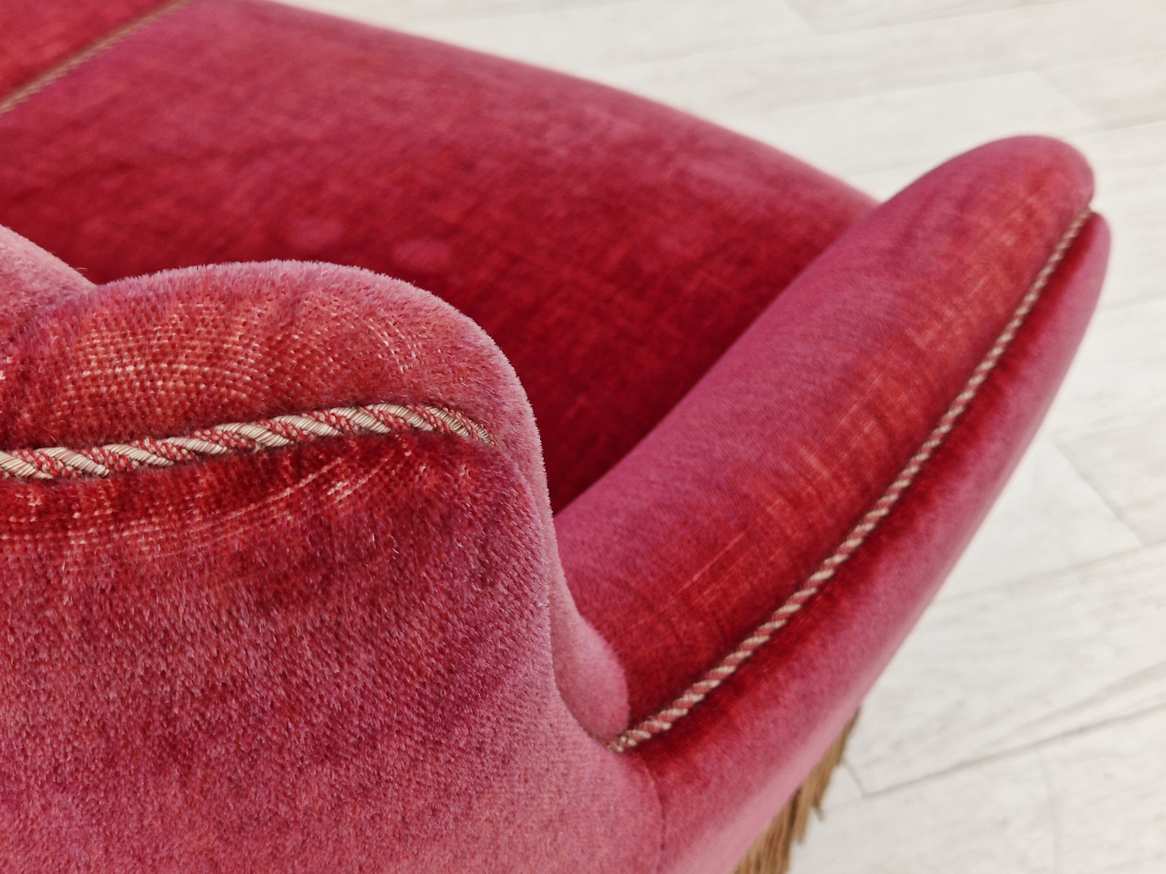 1970s, Danish vintage 2 seater "Banana" sofa, cherry-red velour, original very good condition.