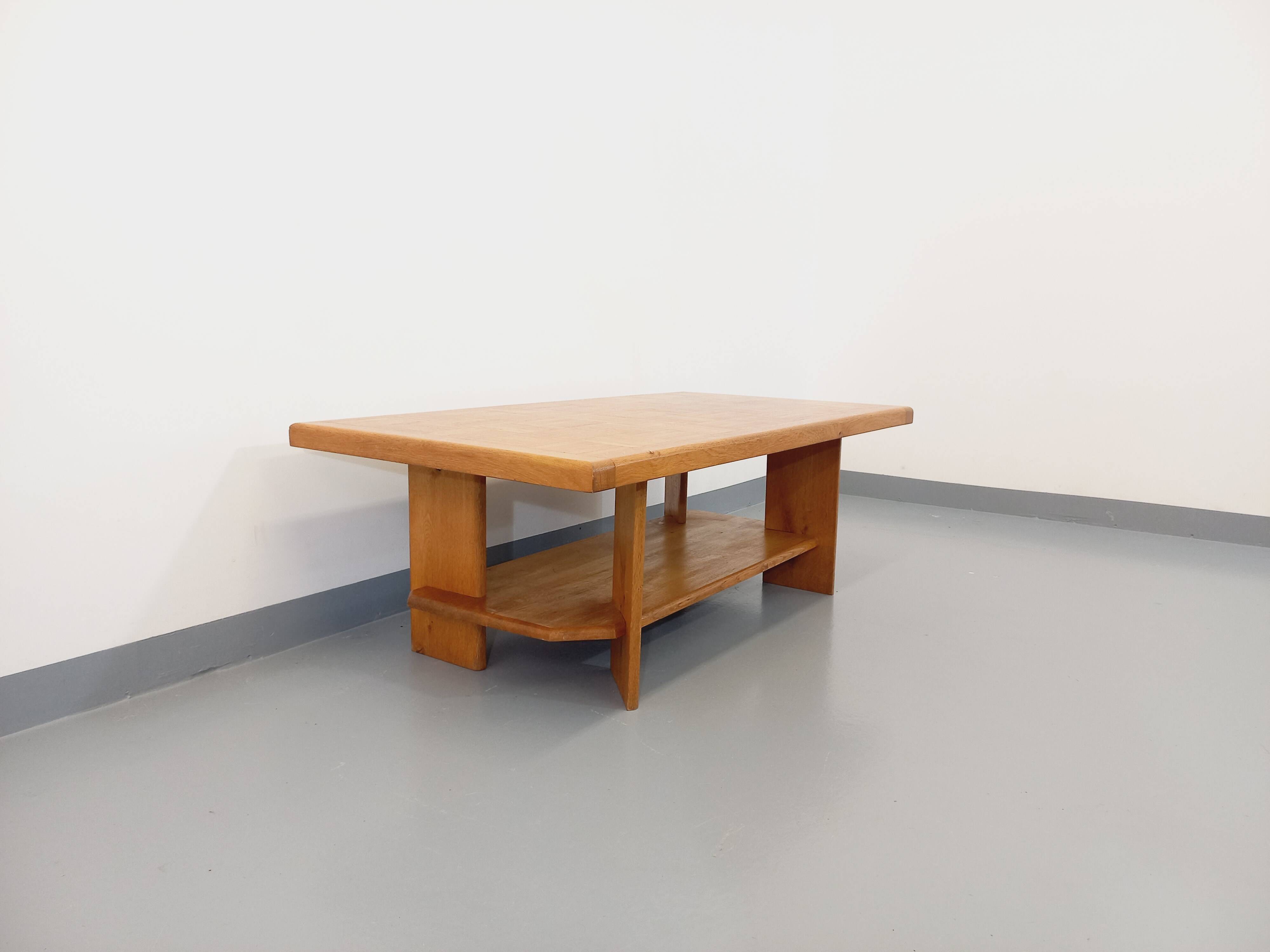 Vintage solid oak coffee table from the 70s 80s Perriand Regain Chapo style
