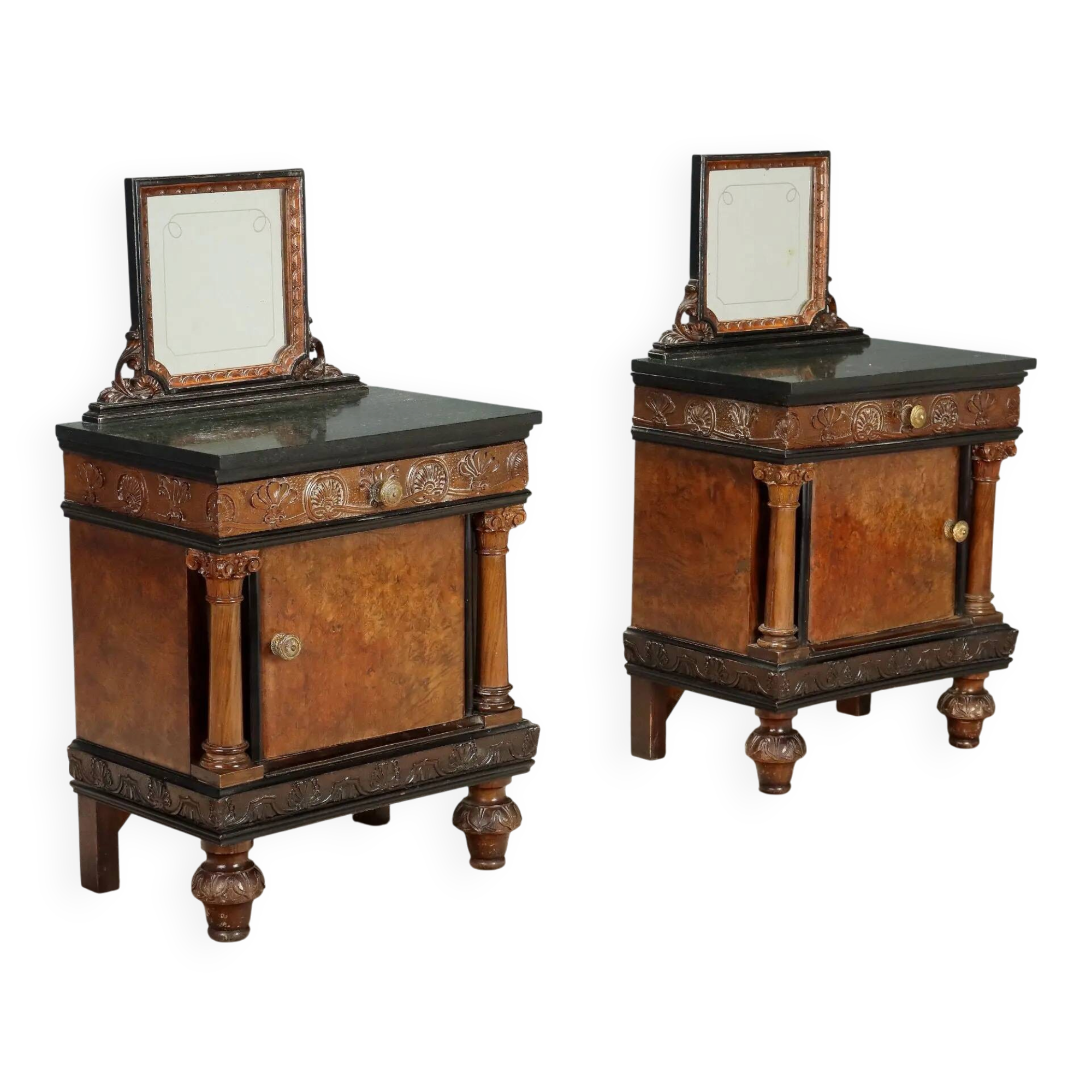 Antique walnut bedside tables with marble and burl, Italy, 20th century.