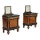 Antique walnut bedside tables with marble and burl, Italy, 20th century.