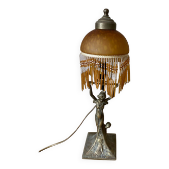 Lampe style Art déco bronze vintage ancienne femme cloche verre perles