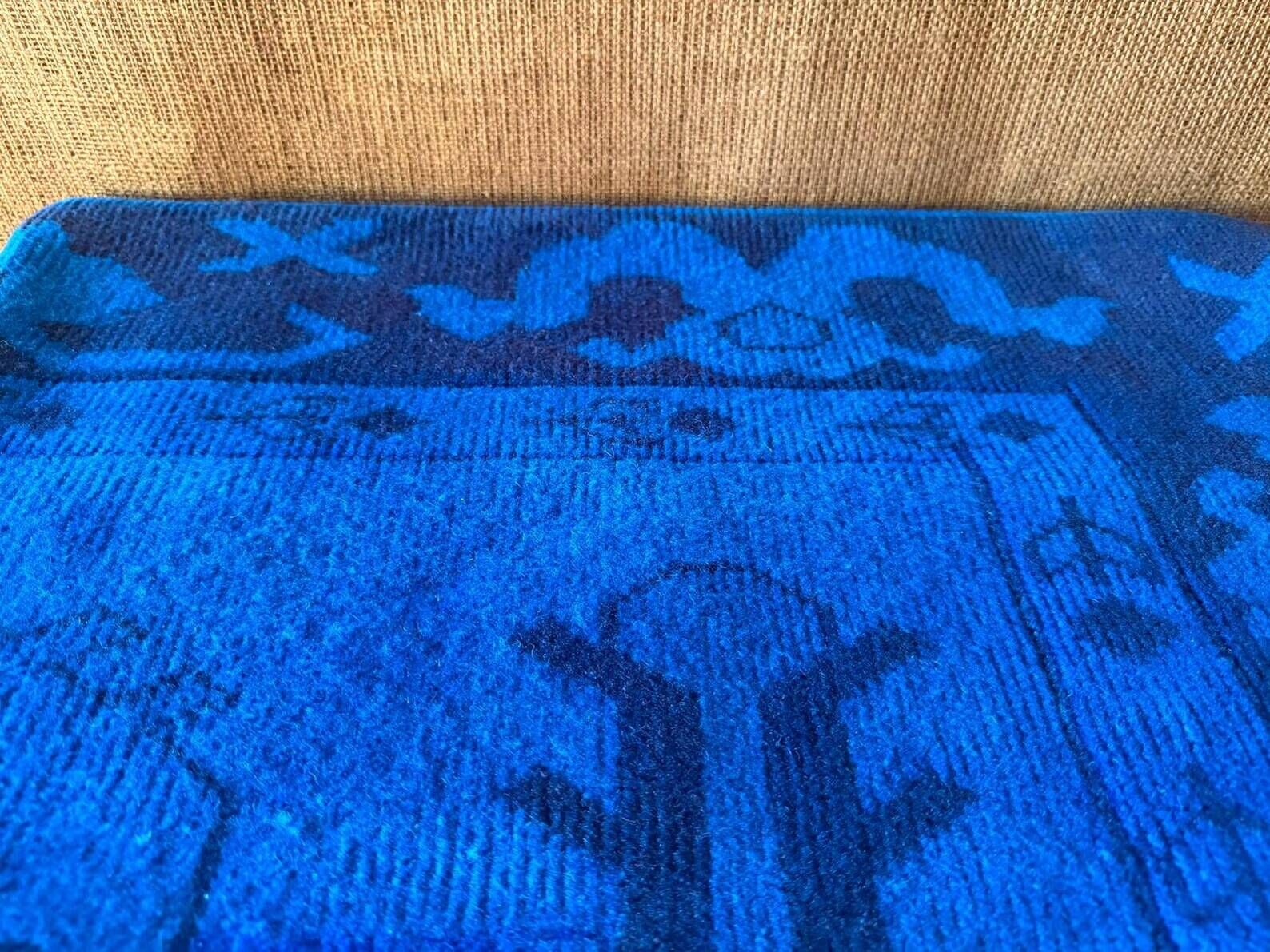 Electric Blue Vintage Turkish Rug Pillow, Hand-Stitched Wool Cushion