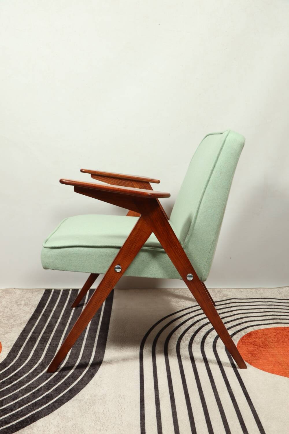 Vintage armchair in natural wool, Le vertu menthe, by Chierowski