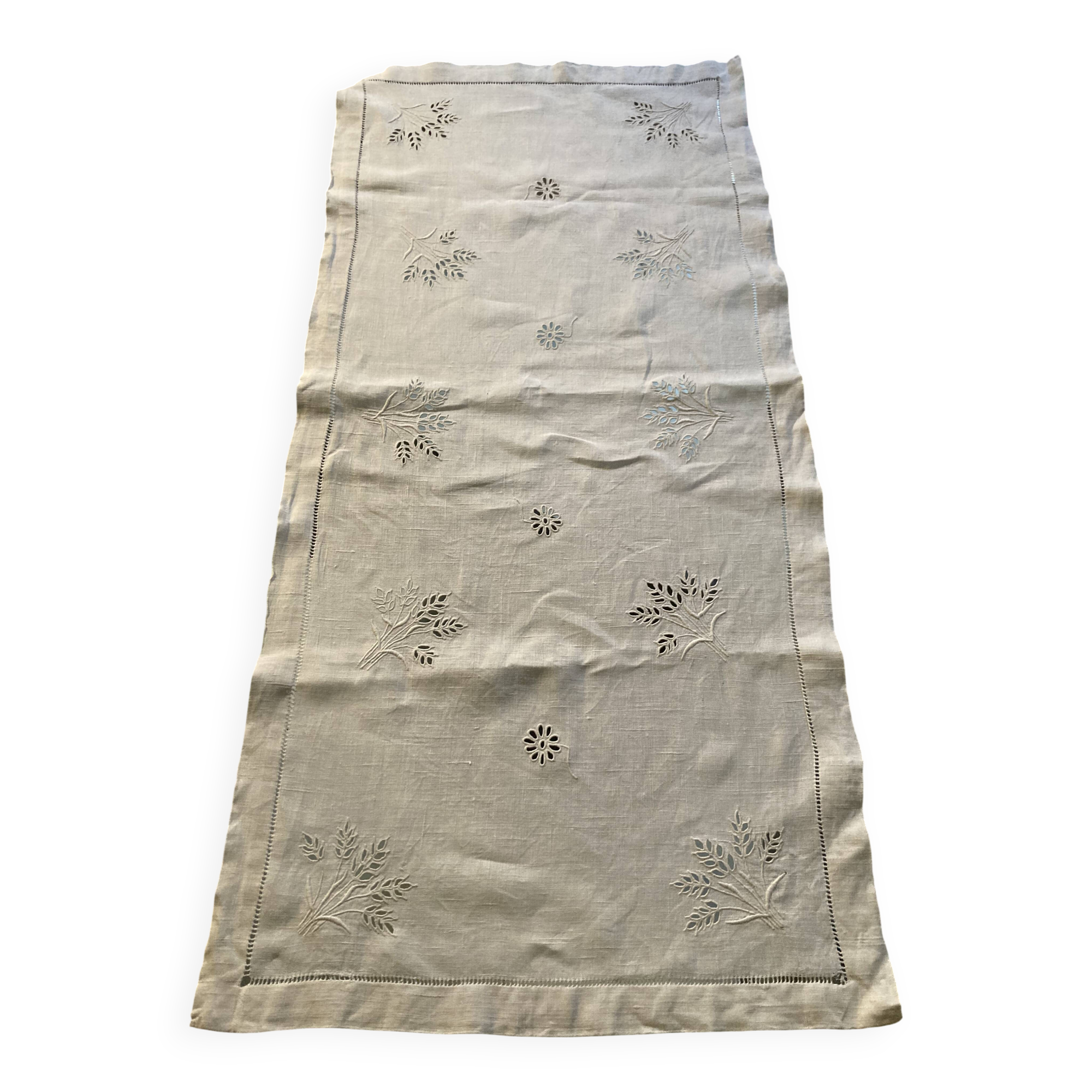 Antique hand-embroidered table runner with wheat ear motif