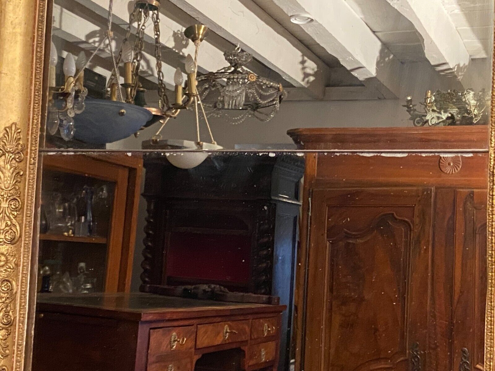Large mirror fireplace mirror in wood and gilded stucco XIX Restoration