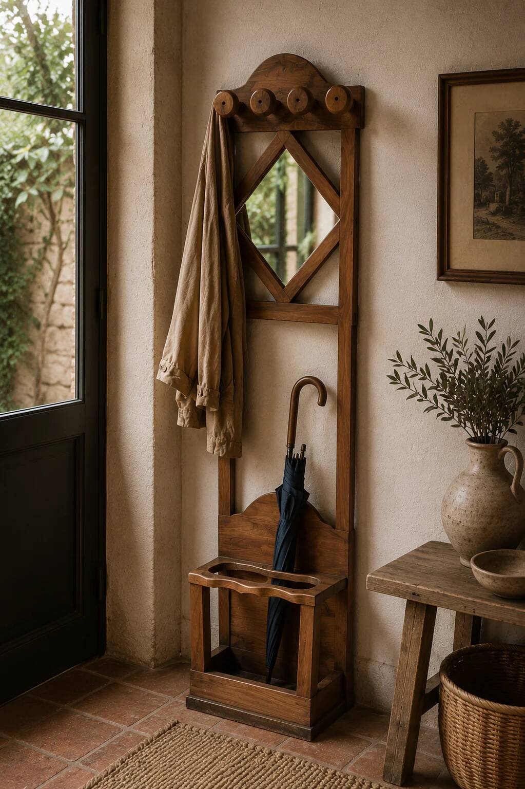 Coat rack / coat stand and umbrella stand in olive wood