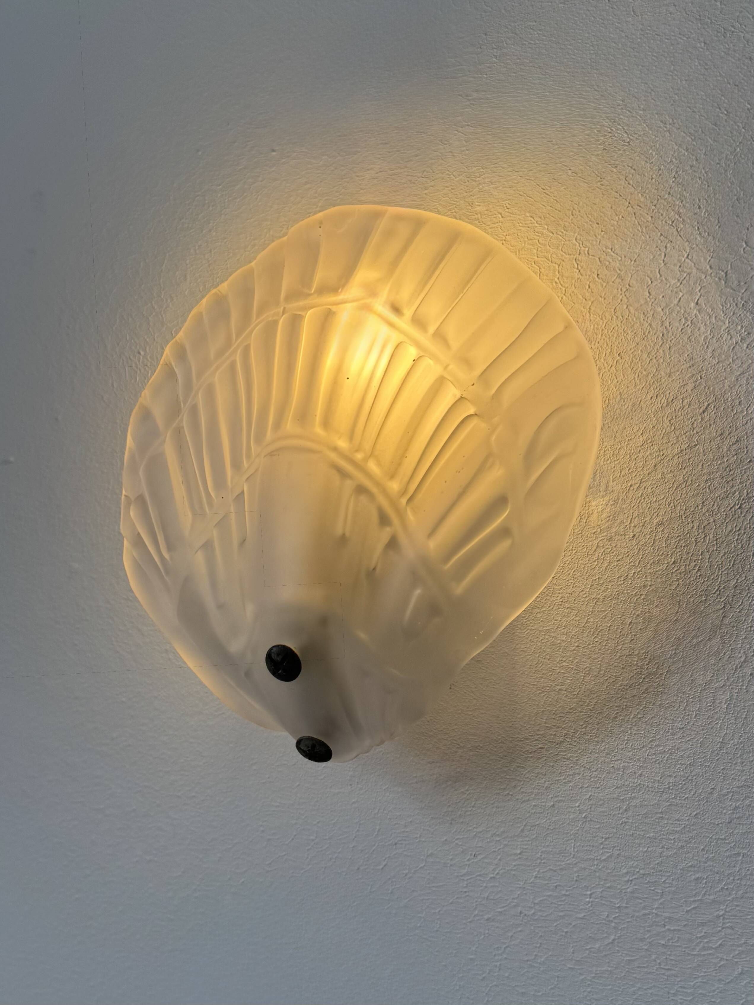 Pair of shell wall lights, frosted glass, France, 1970.