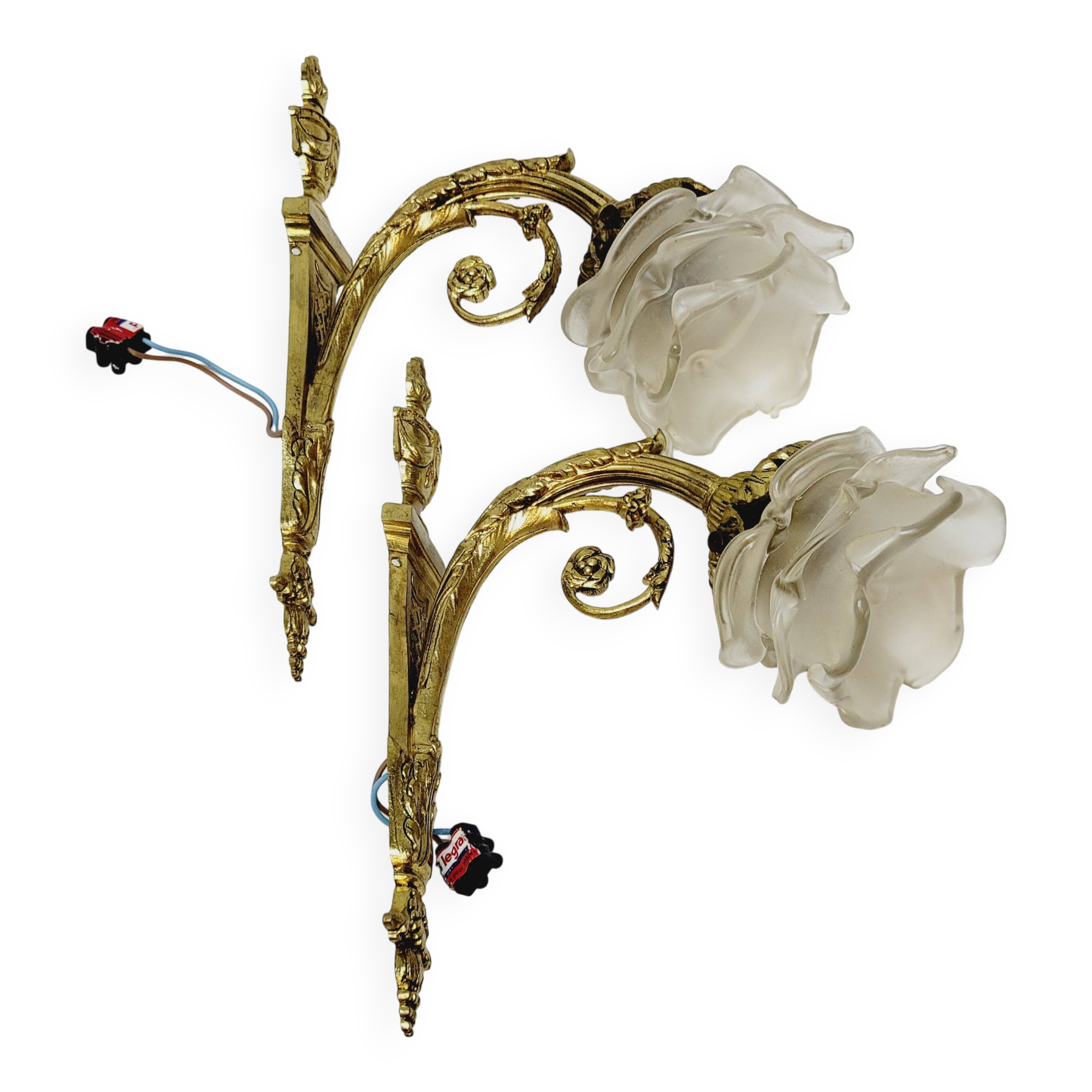 2 19th Century Gilt Bronze Wall Sconces with Molded Glass Globes in the Shape of