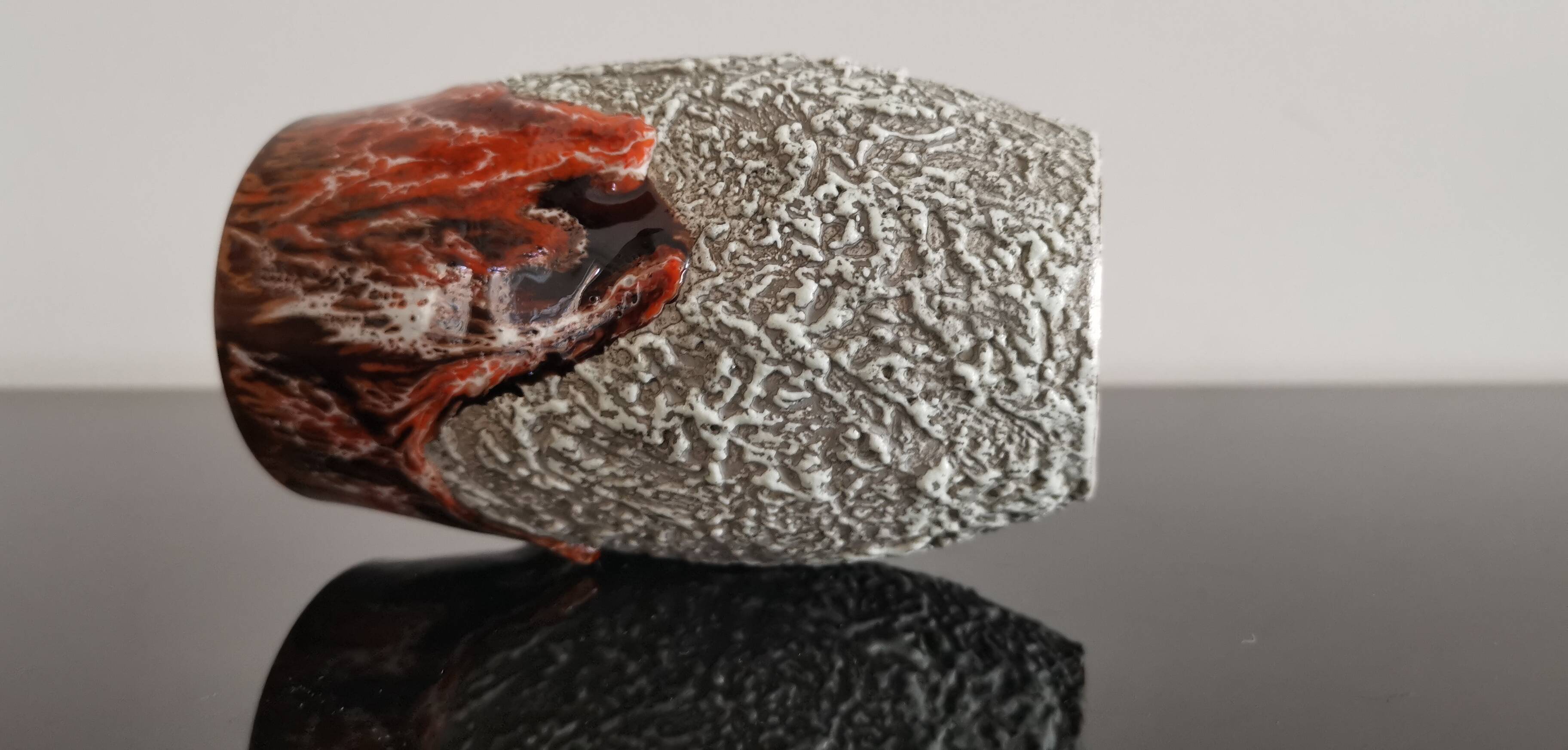 Zoomorphic vase in fat lava orange/brown flamed Vallauris style ceramic