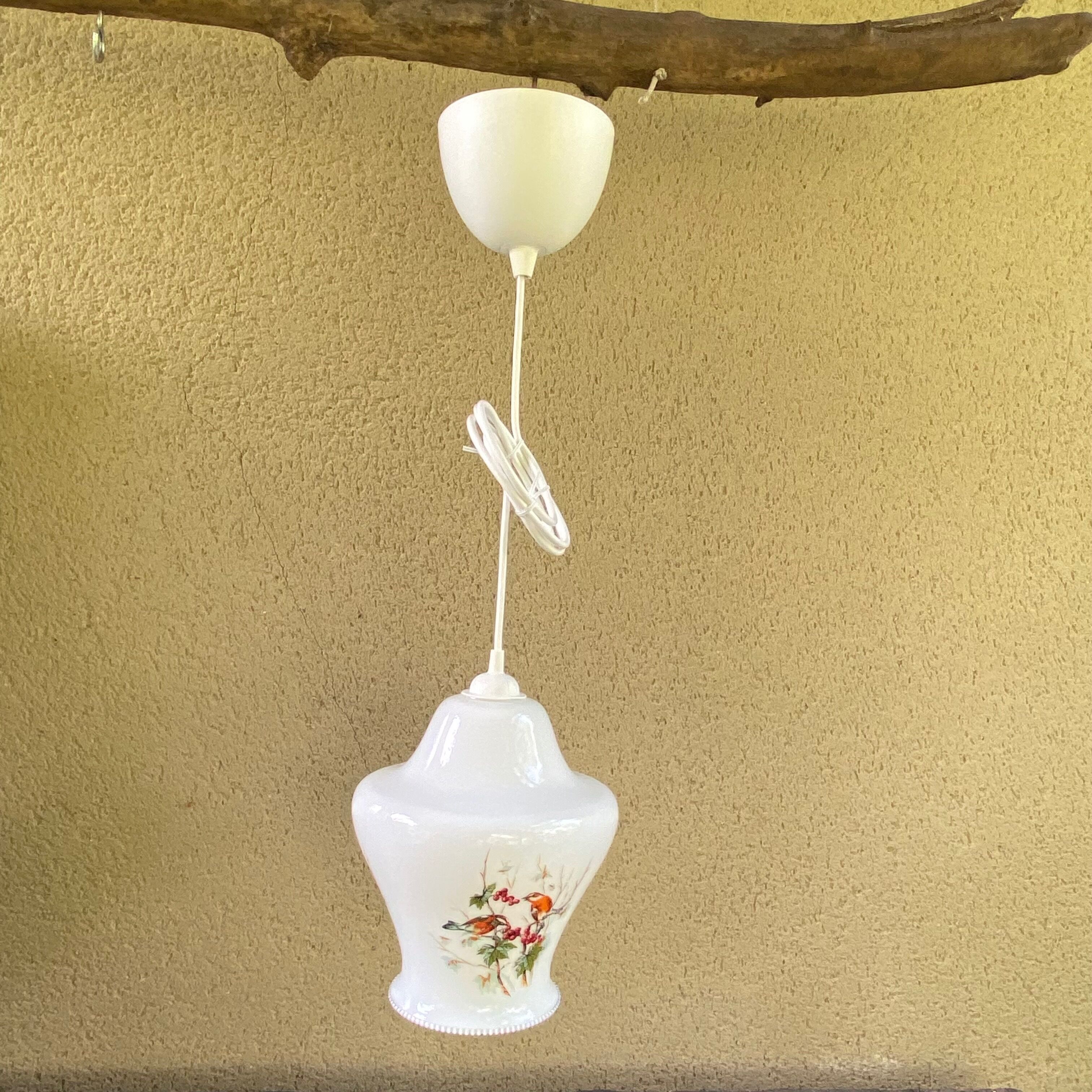 Opaline pendant lamp-Bird decoration-60s