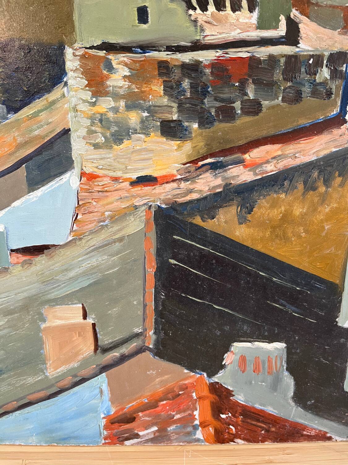 Castle in the rooftops, oil on wood panel, signed JA Dompierre.