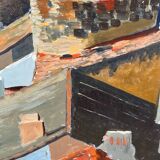 Castle in the rooftops, oil on wood panel, signed JA Dompierre.