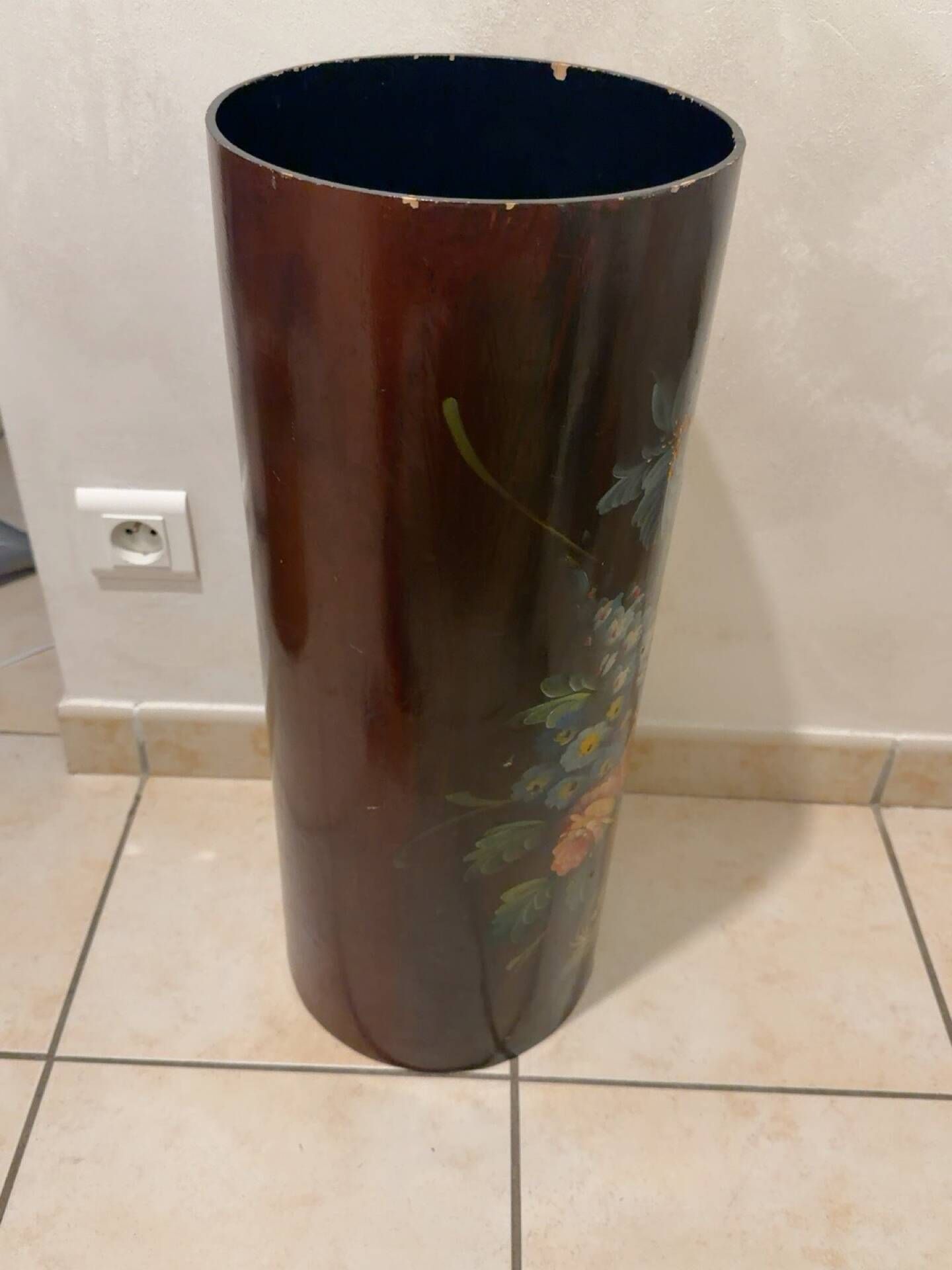 Antique wooden umbrella stand hand-painted – Floral decor