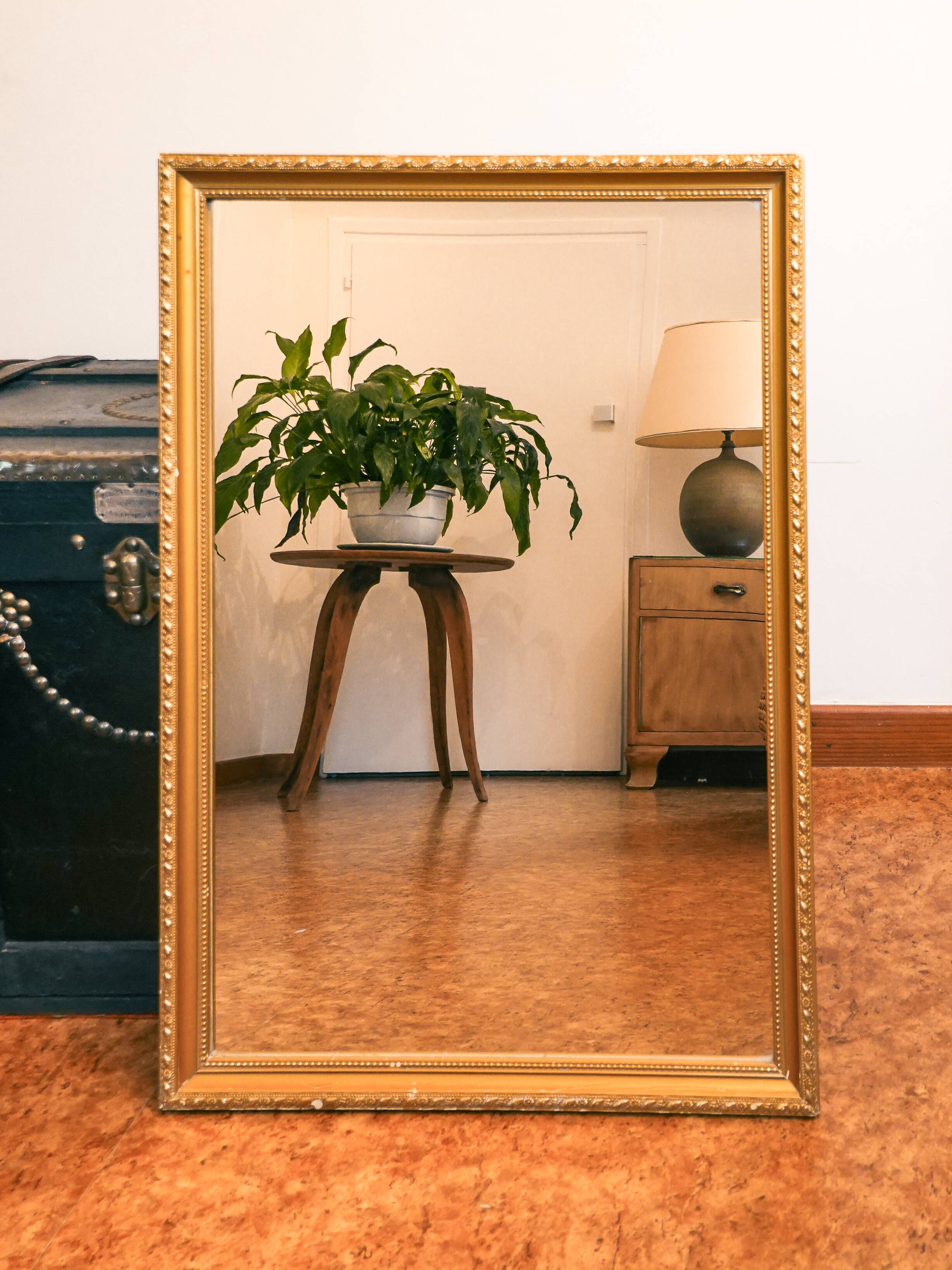 Vintage rectangular gilt mirror, molded wooden frame with beads and fire