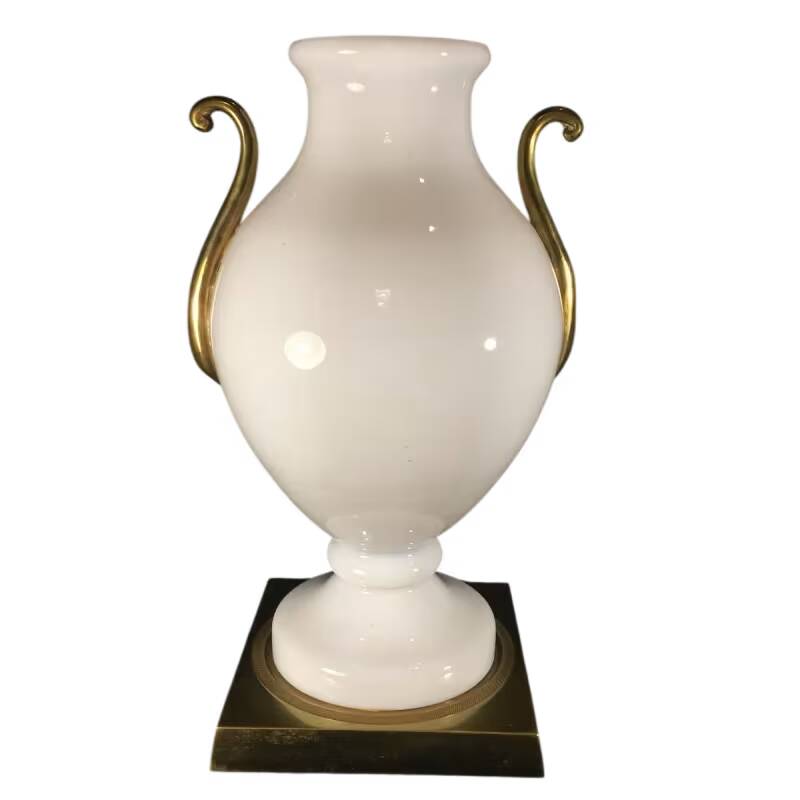 Venini Primavera in Murano, white opaline glass with gilded handles, bronze base.